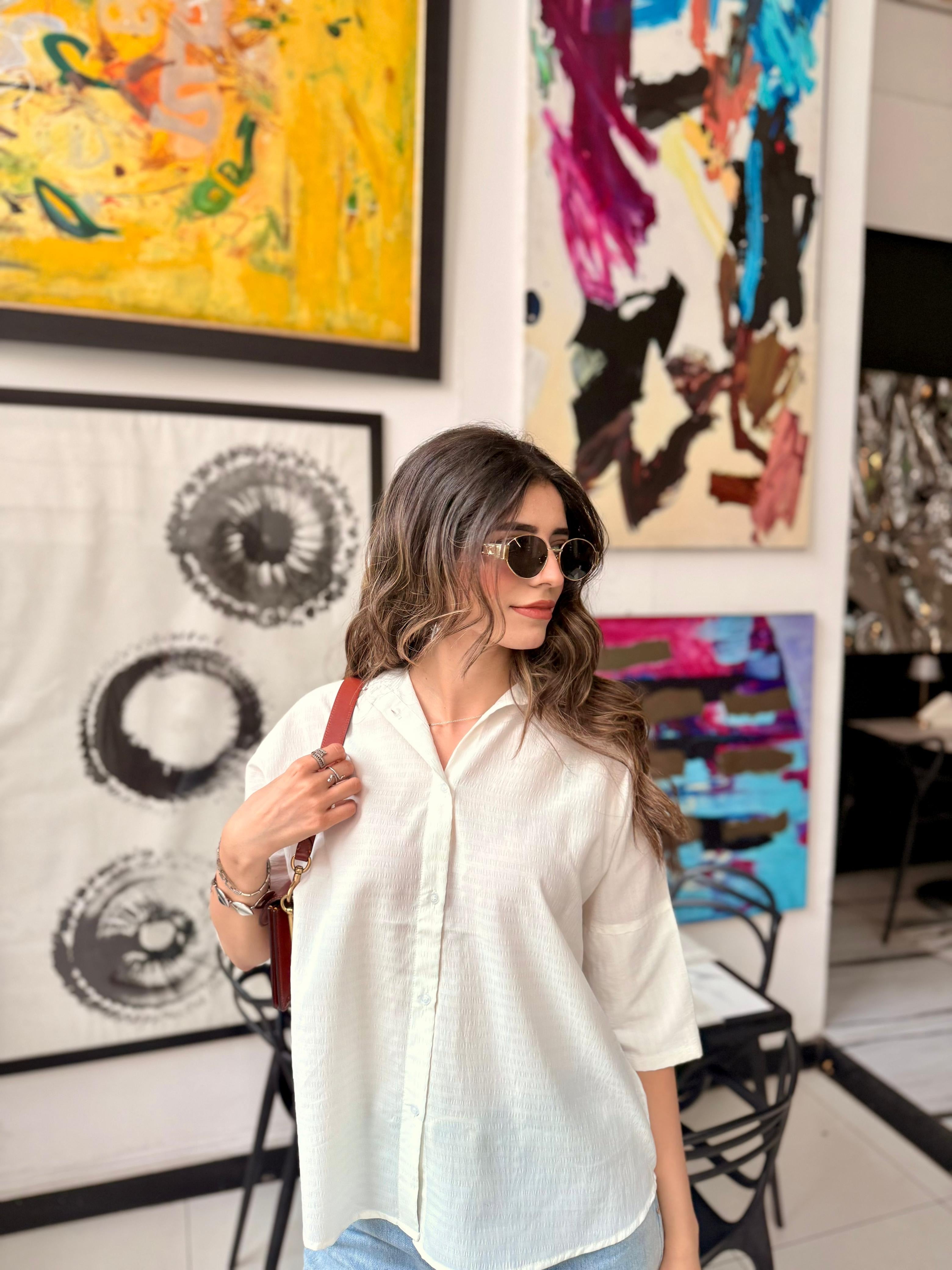 Off White Boxy Button Down Top