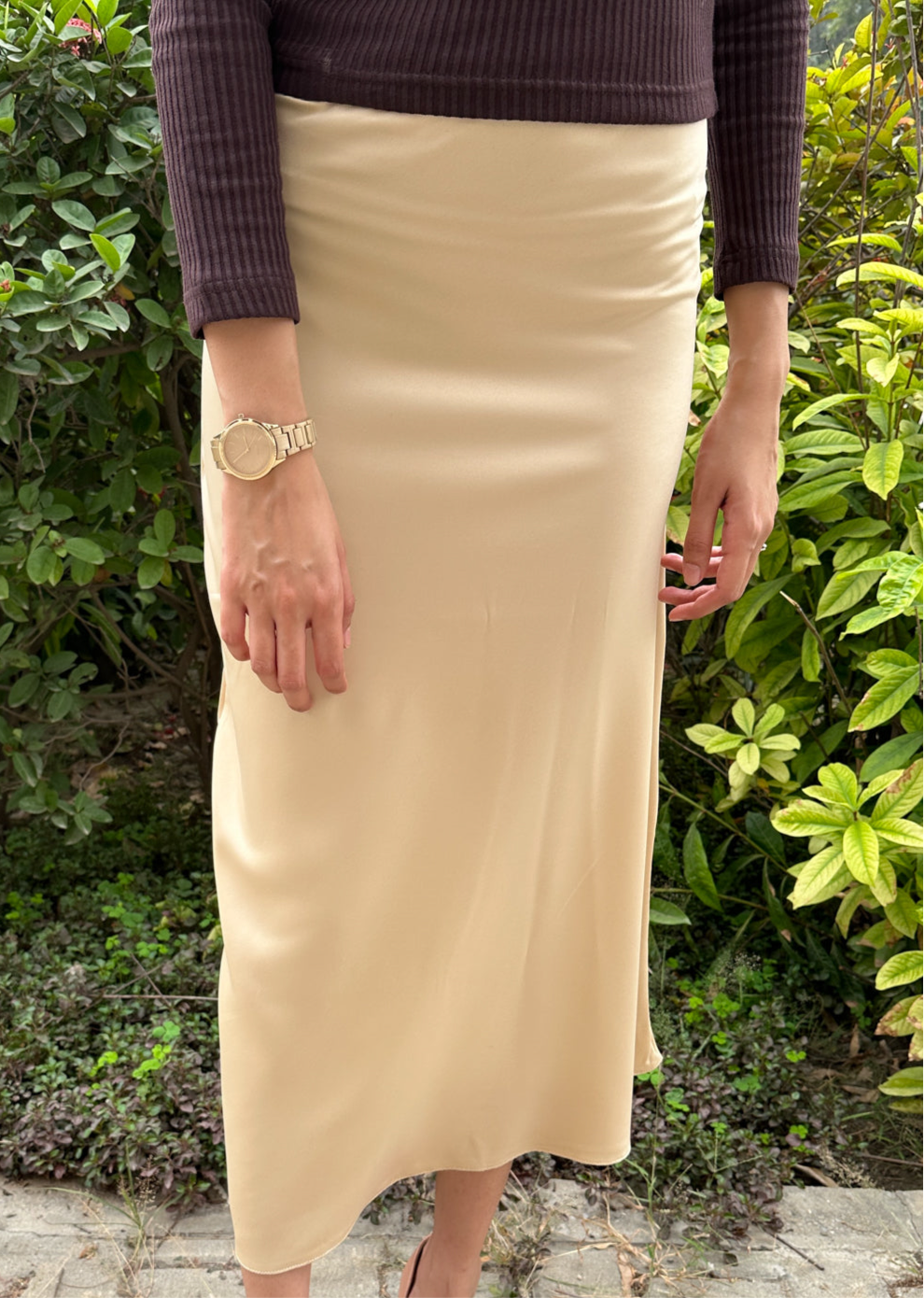 Beige Satin Silk Skirt
