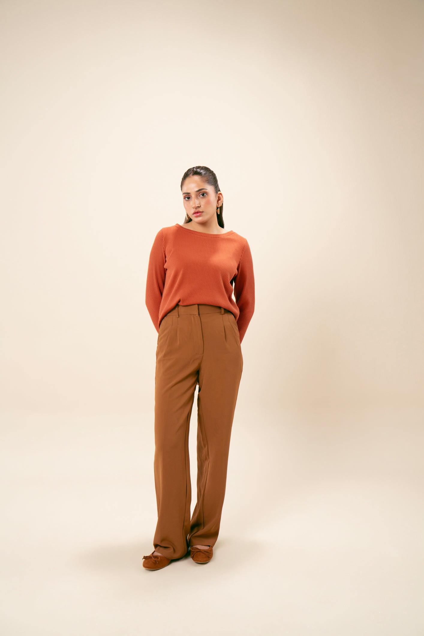 Rust Orange Two-Toned Drop Needle Crew Neck Sweater