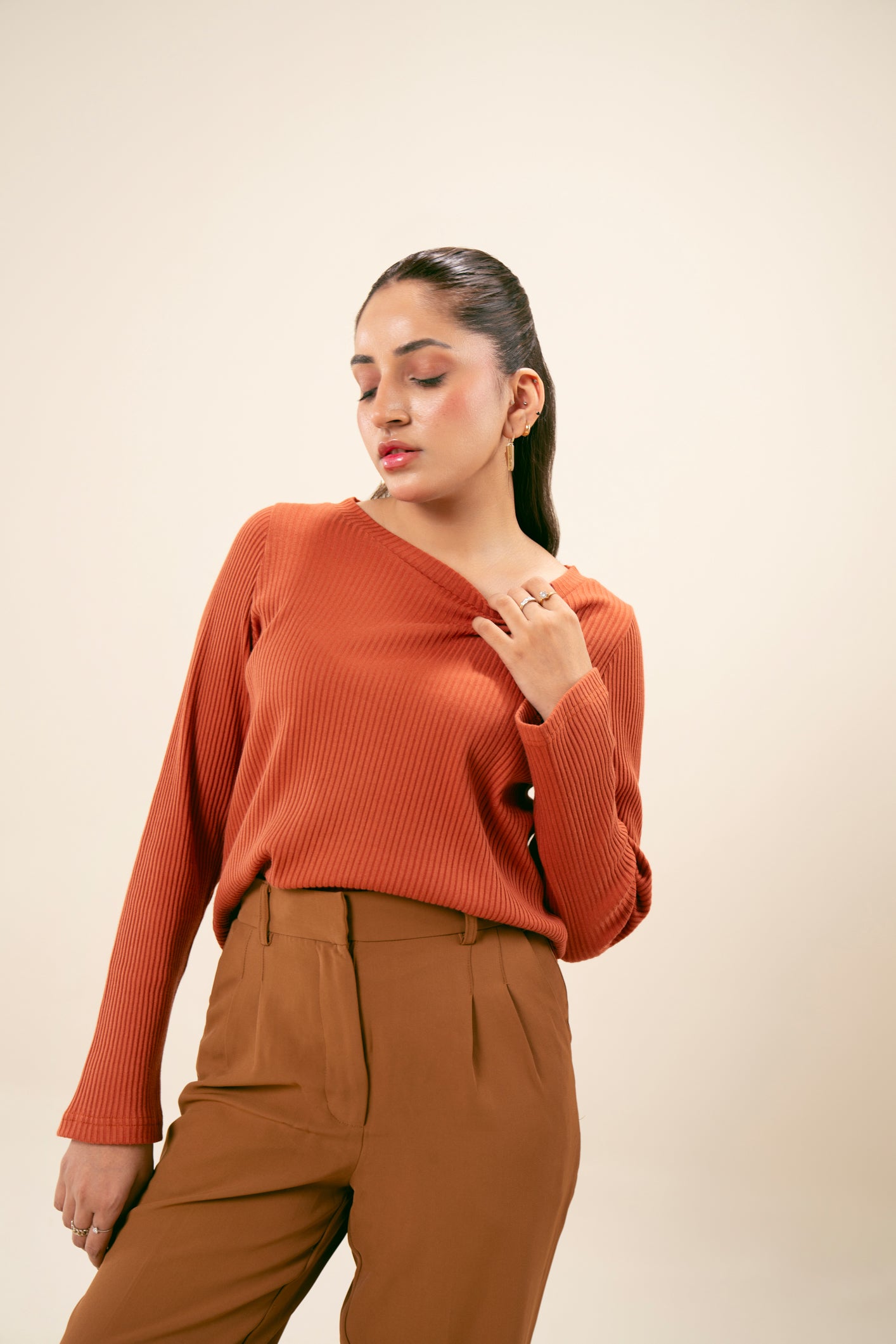 Rust Orange Two-Toned Drop Needle Crew Neck Sweater