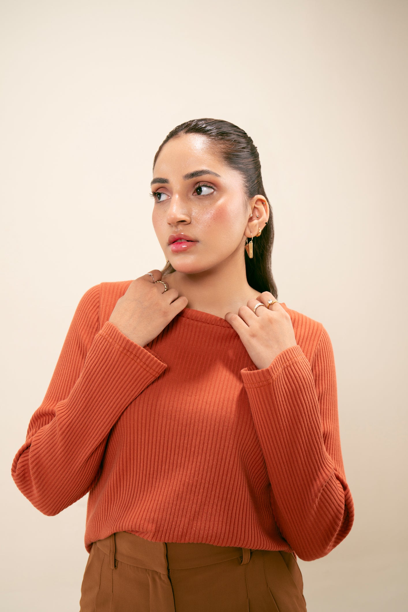 Rust Orange Two-Toned Drop Needle Crew Neck Sweater