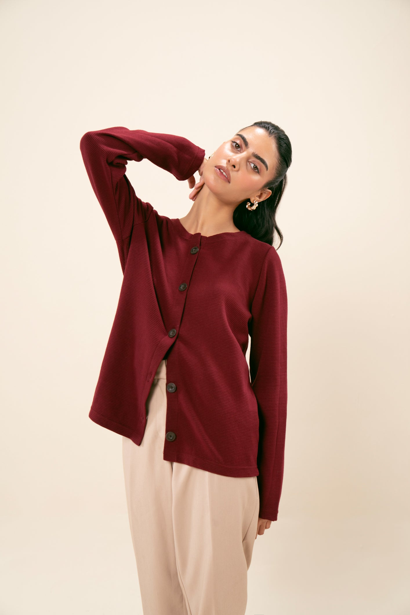Red Drop Needle Round-Neck Sweater