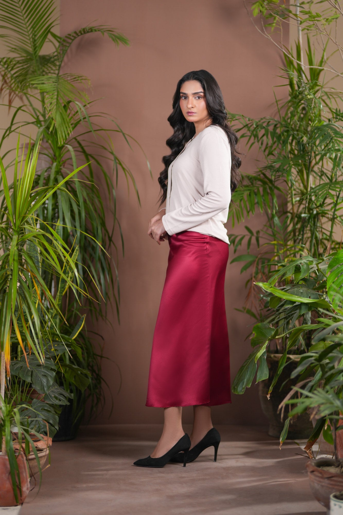 Maroon Satin Silk Skirt