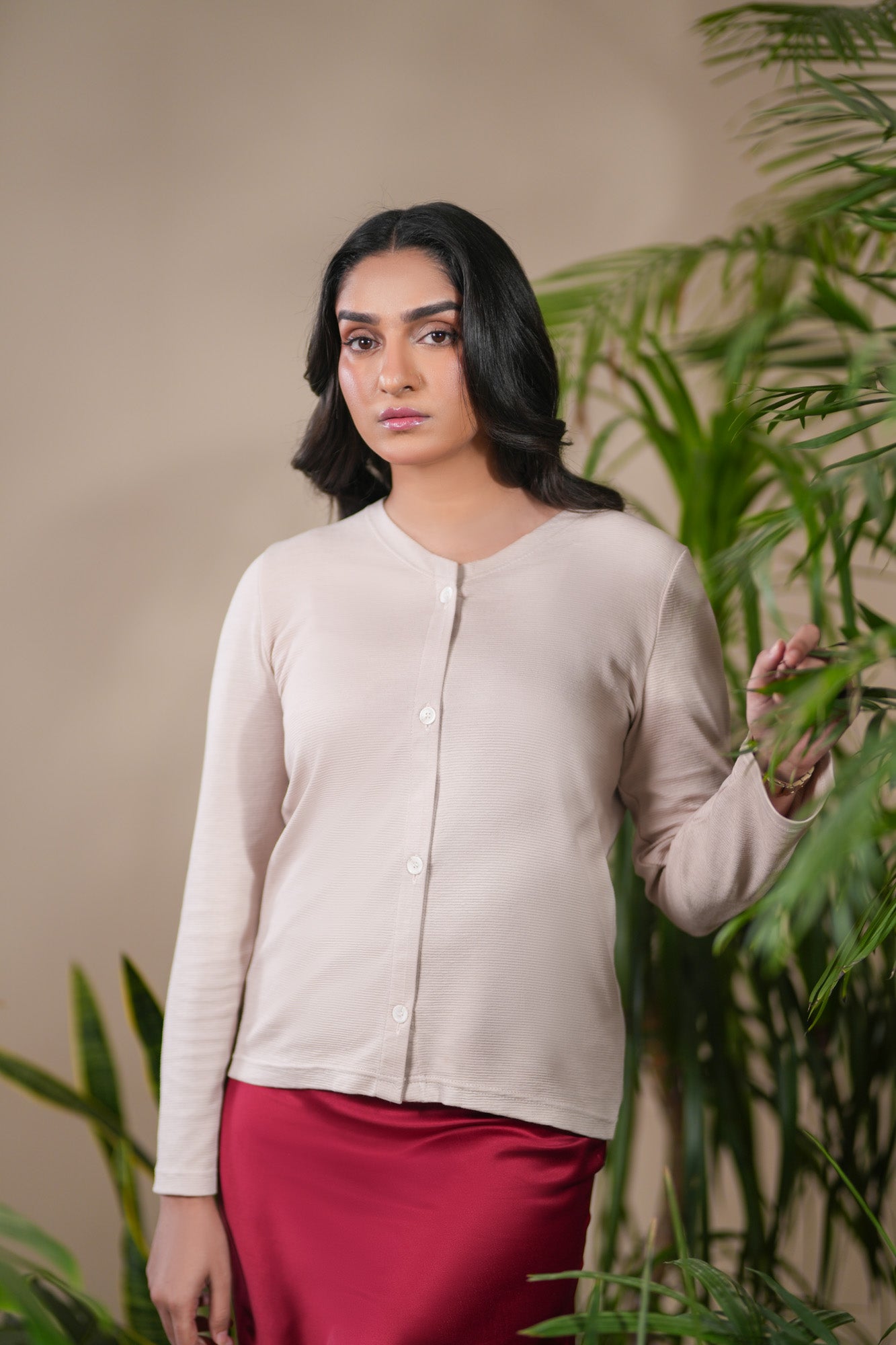 Light Peach Ribbed Thermal V-Neck Cardigan
