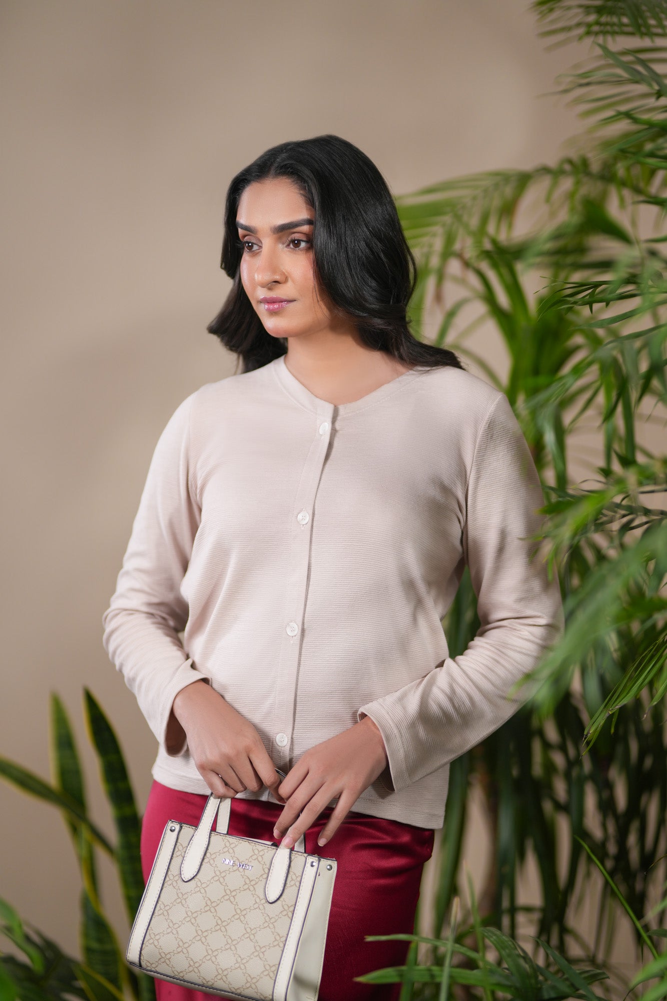 Light Peach Ribbed Thermal V-Neck Cardigan