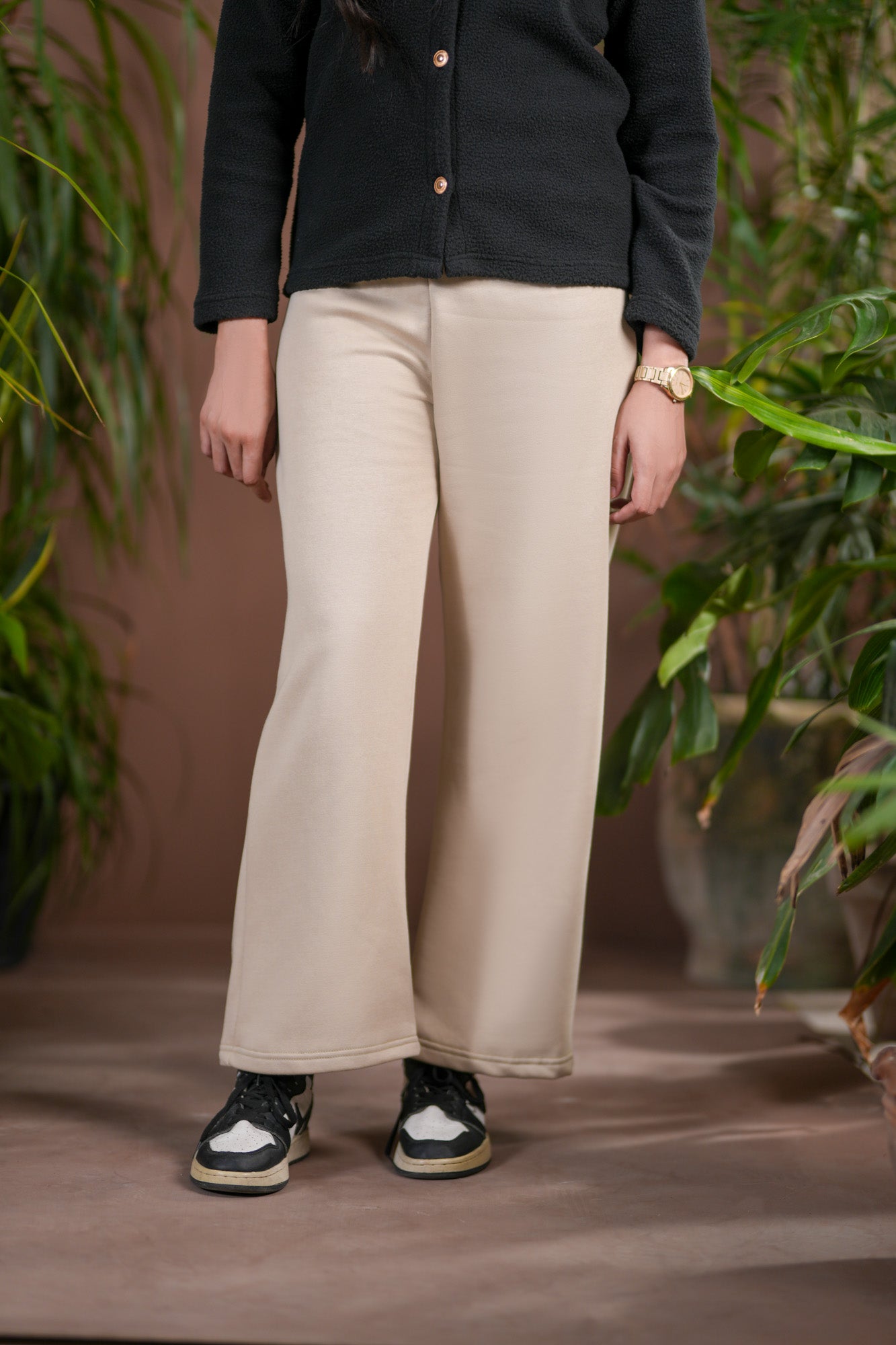 Beige Fleece Straight Pants