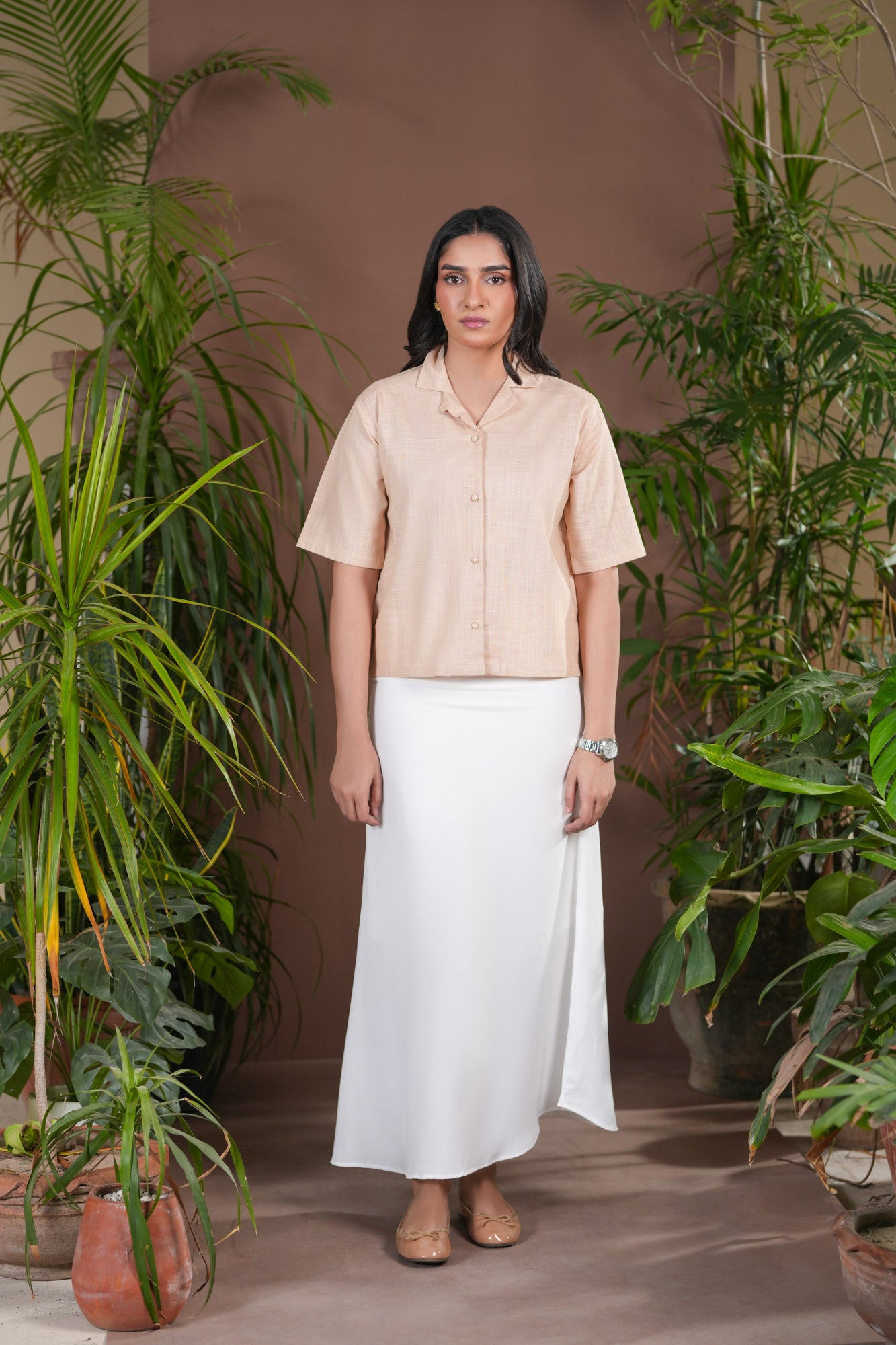Beige Tropical Boxy Top
