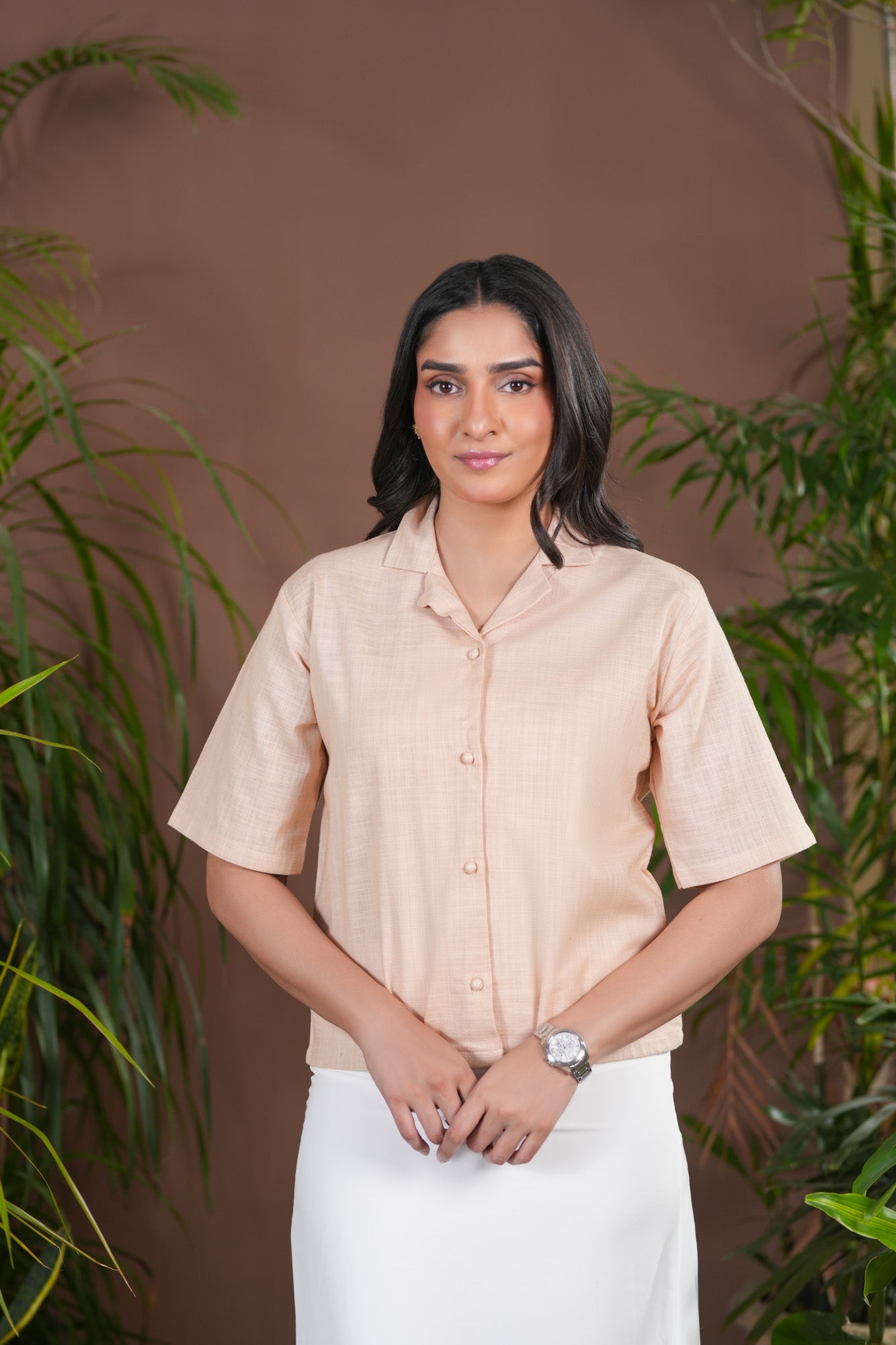 Beige Tropical Boxy Top