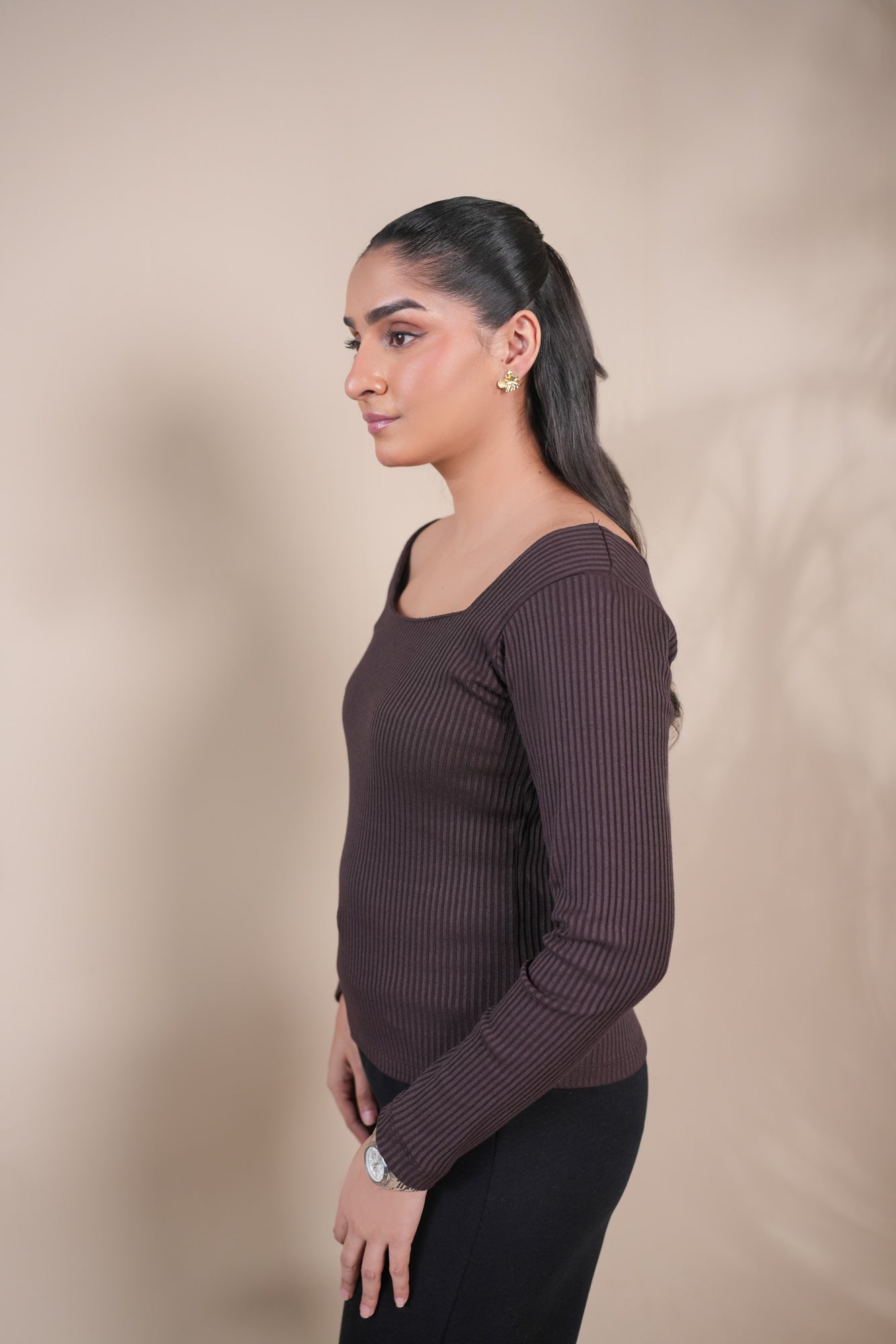 Brown Drop Needle Square Neck Top