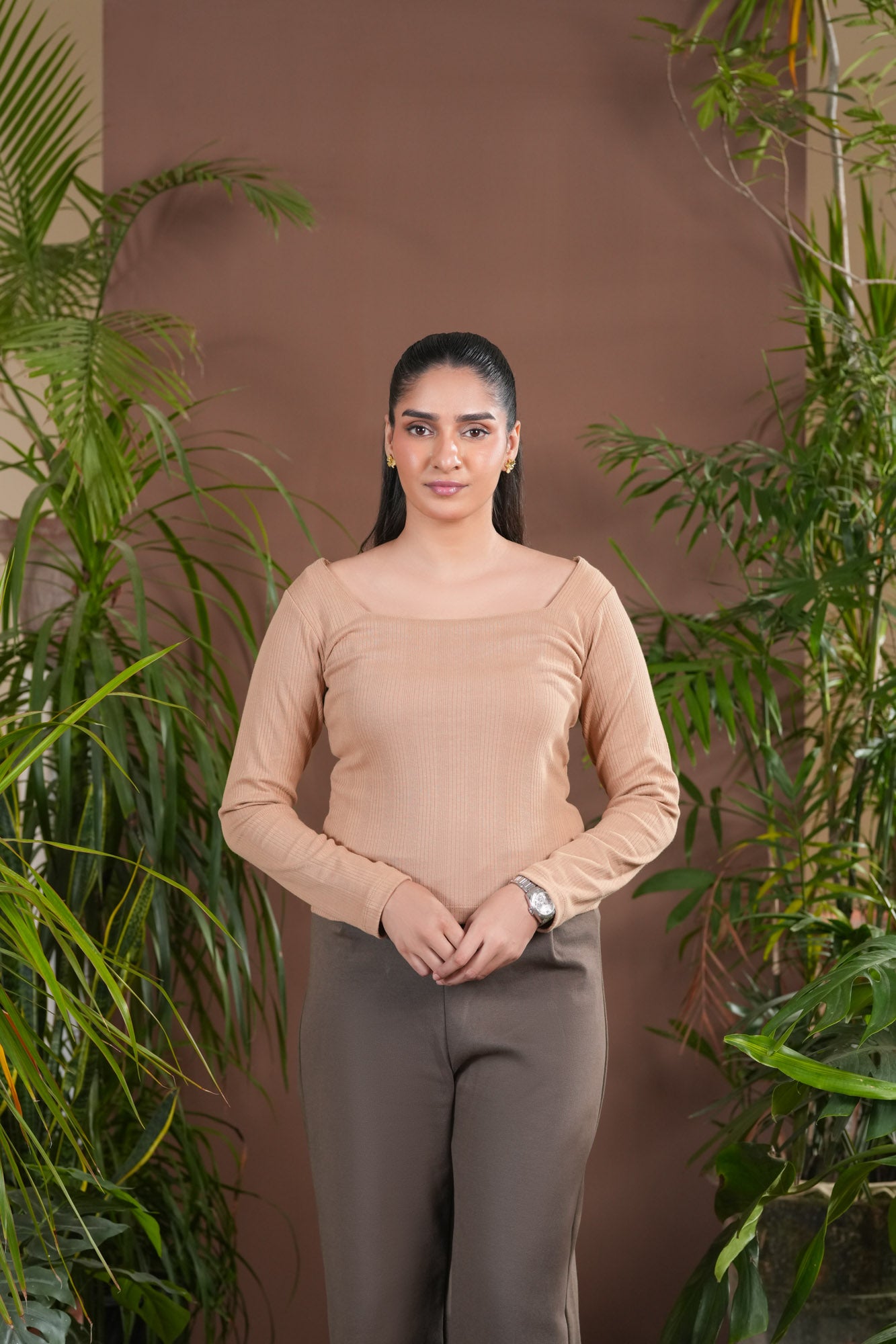 Beige Drop Needle Square Neck Top