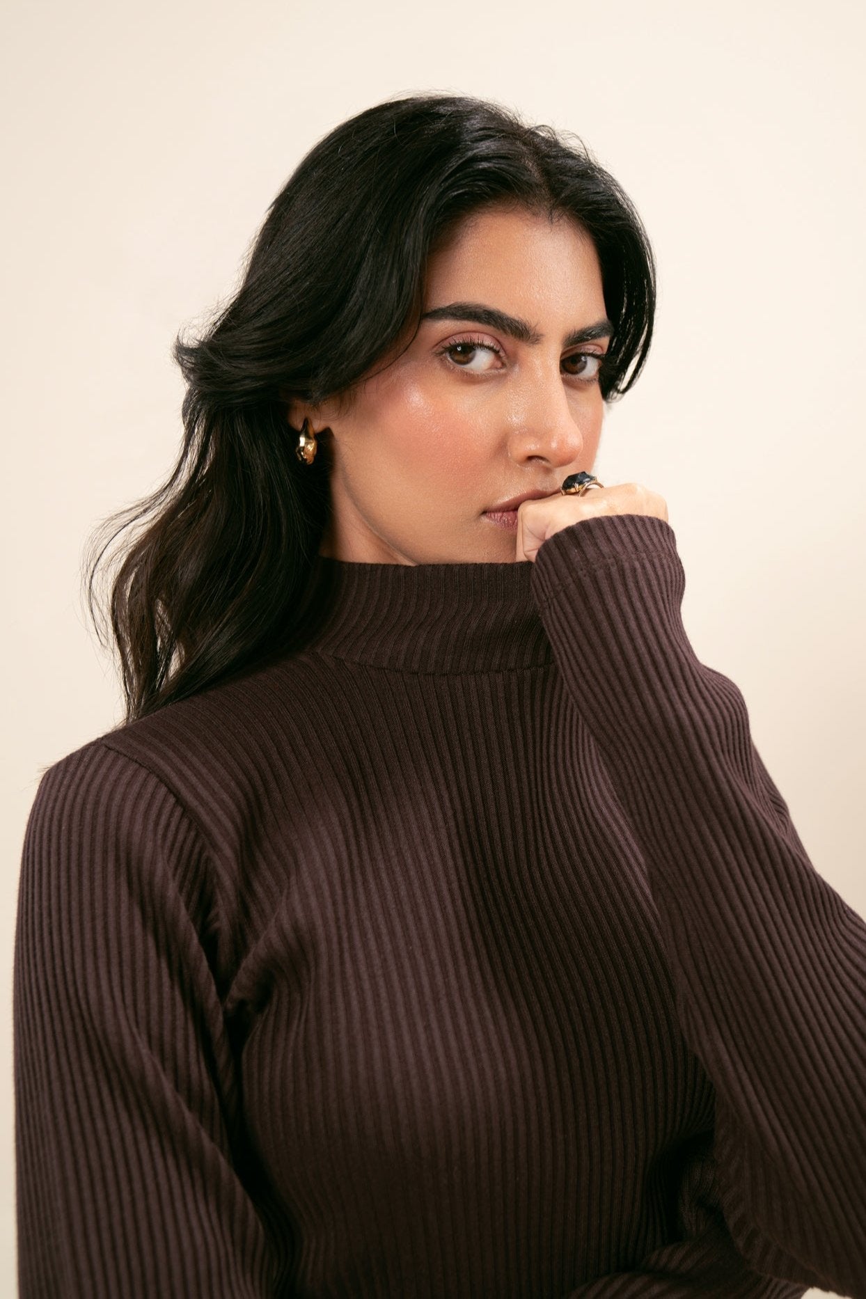Ribbed Brown Two-Toned Mock Neck Top