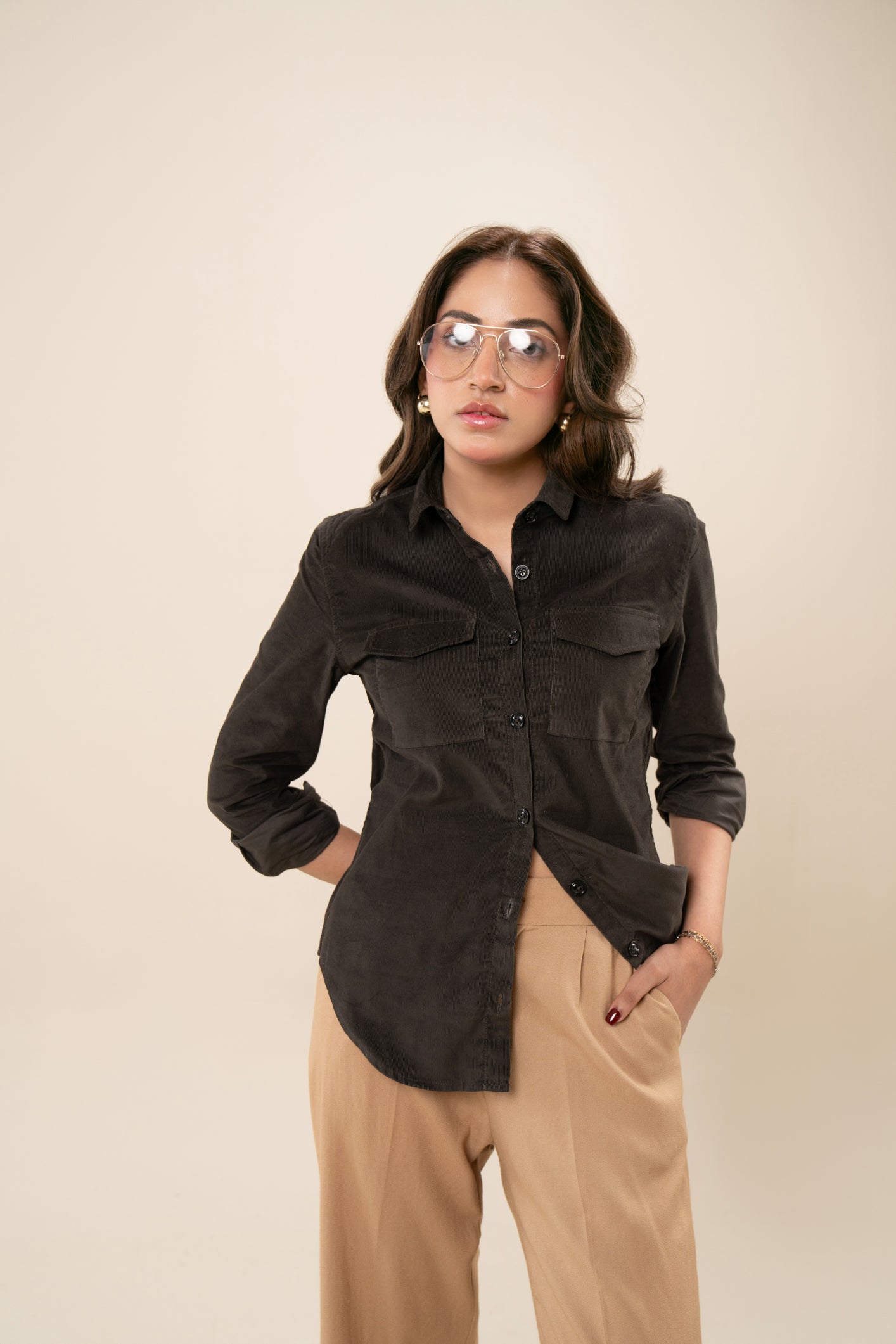 Grey Corduroy Casual Button Down