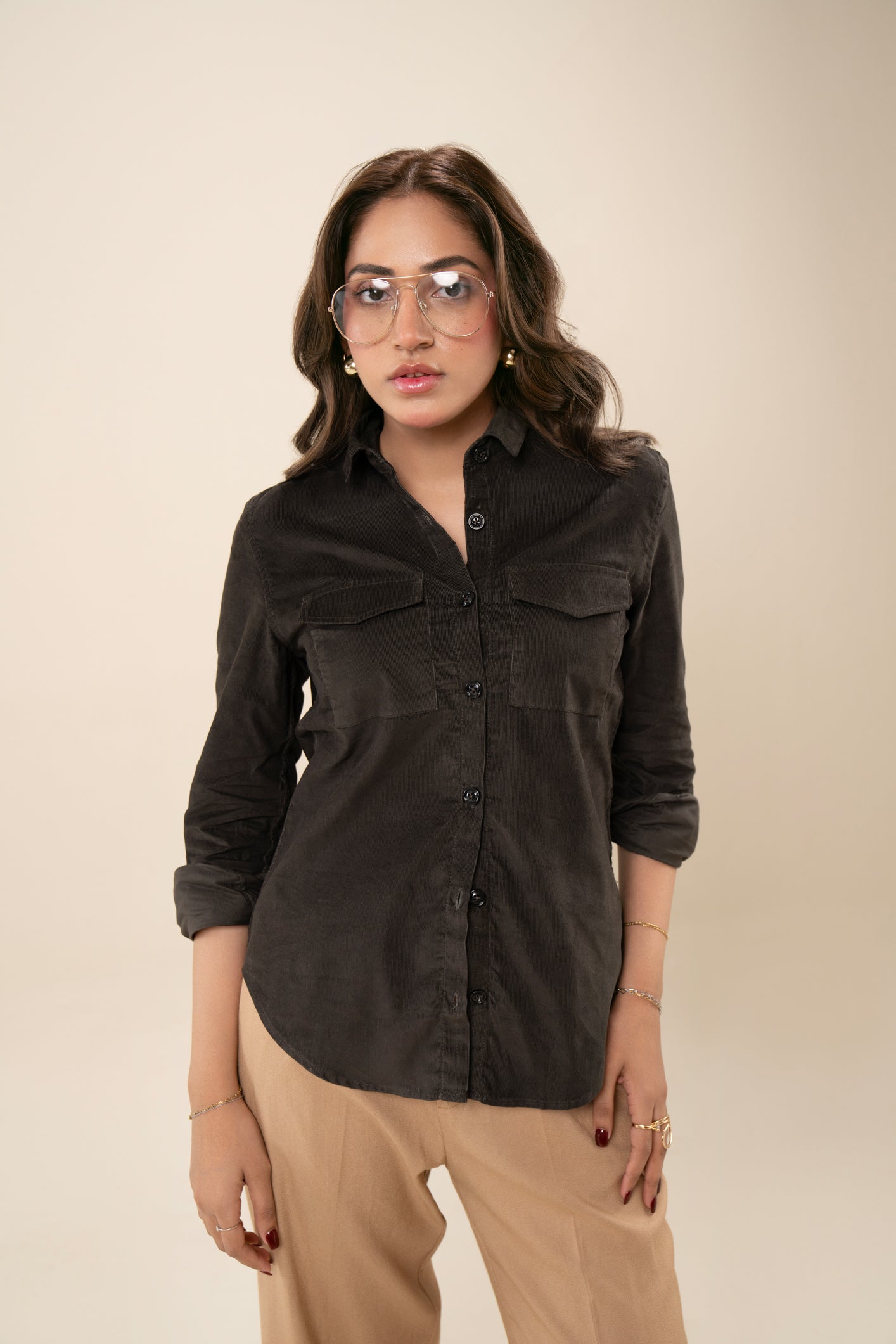 Grey Corduroy Casual Button Down