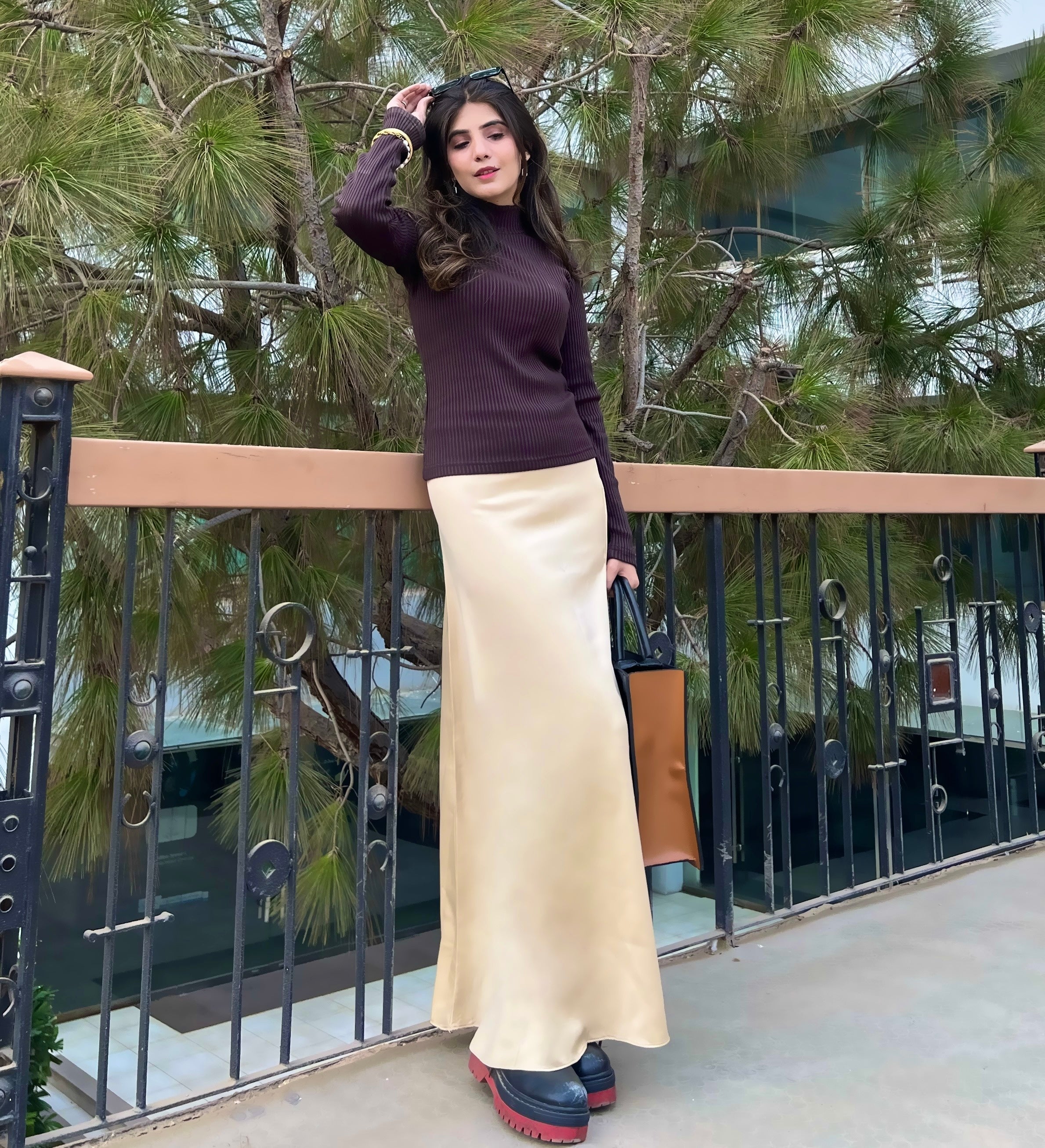 Beige Satin Silk Skirt