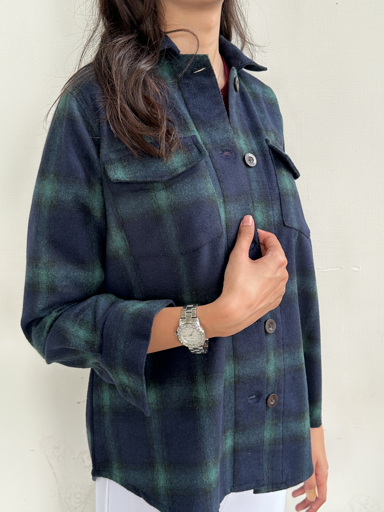 Blue Textured Check Wool Shacket