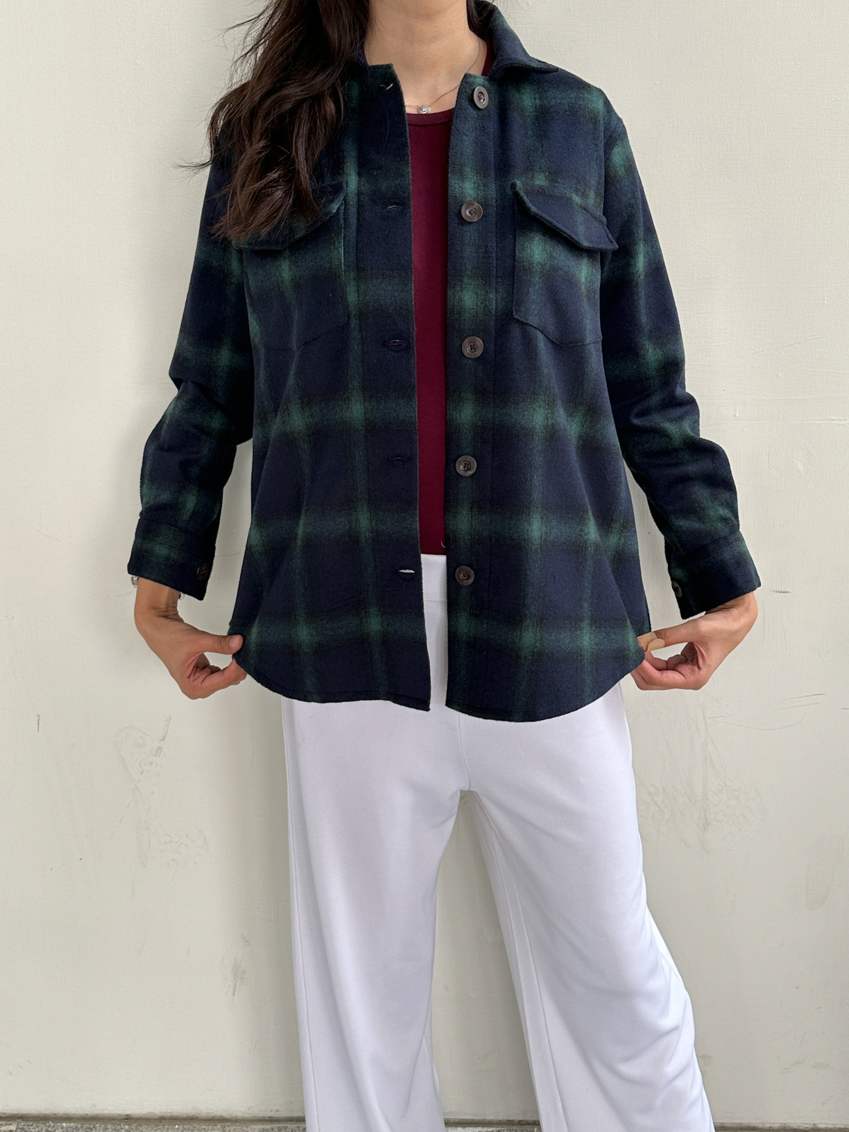 Blue Textured Check Wool Shacket