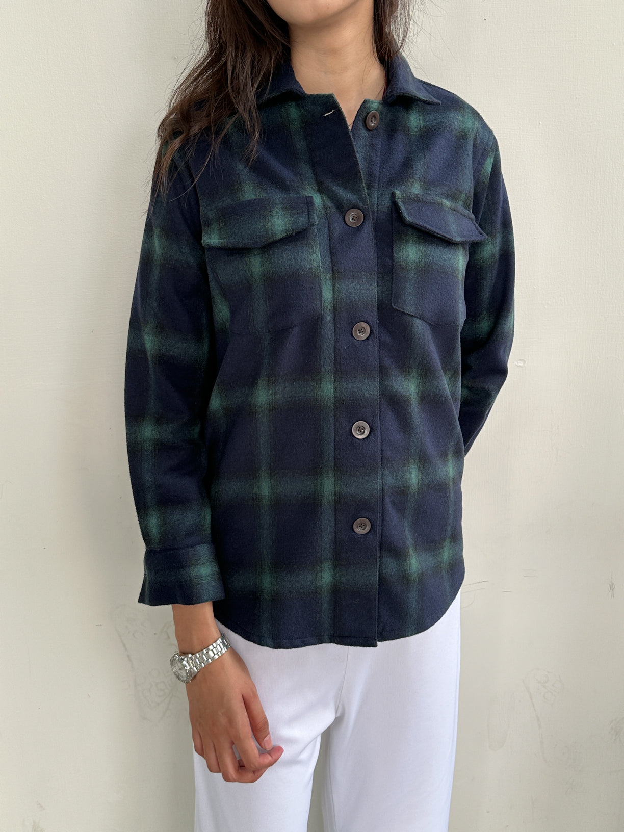 Blue Textured Check Wool Shacket