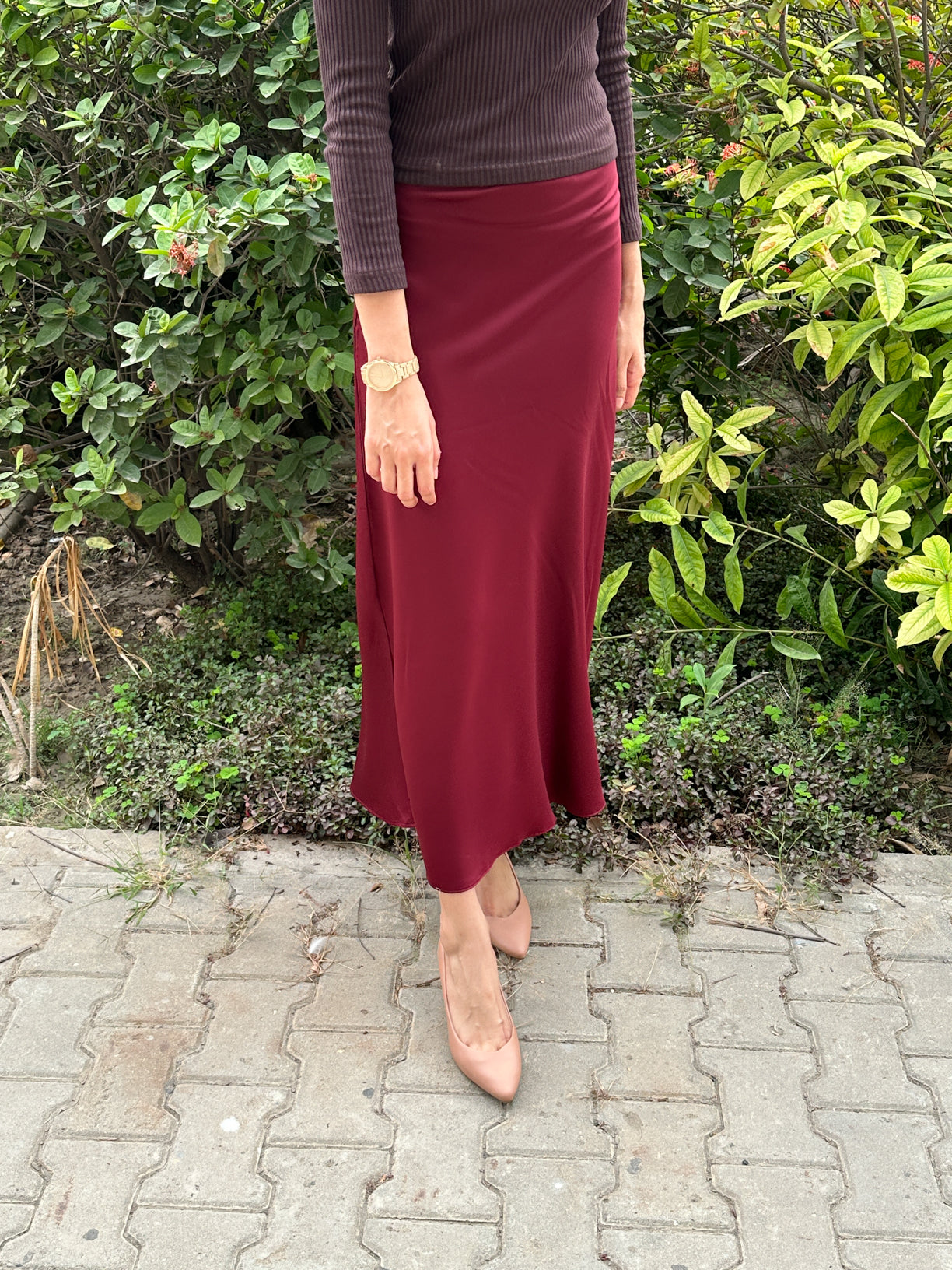 Maroon Satin Silk Skirt