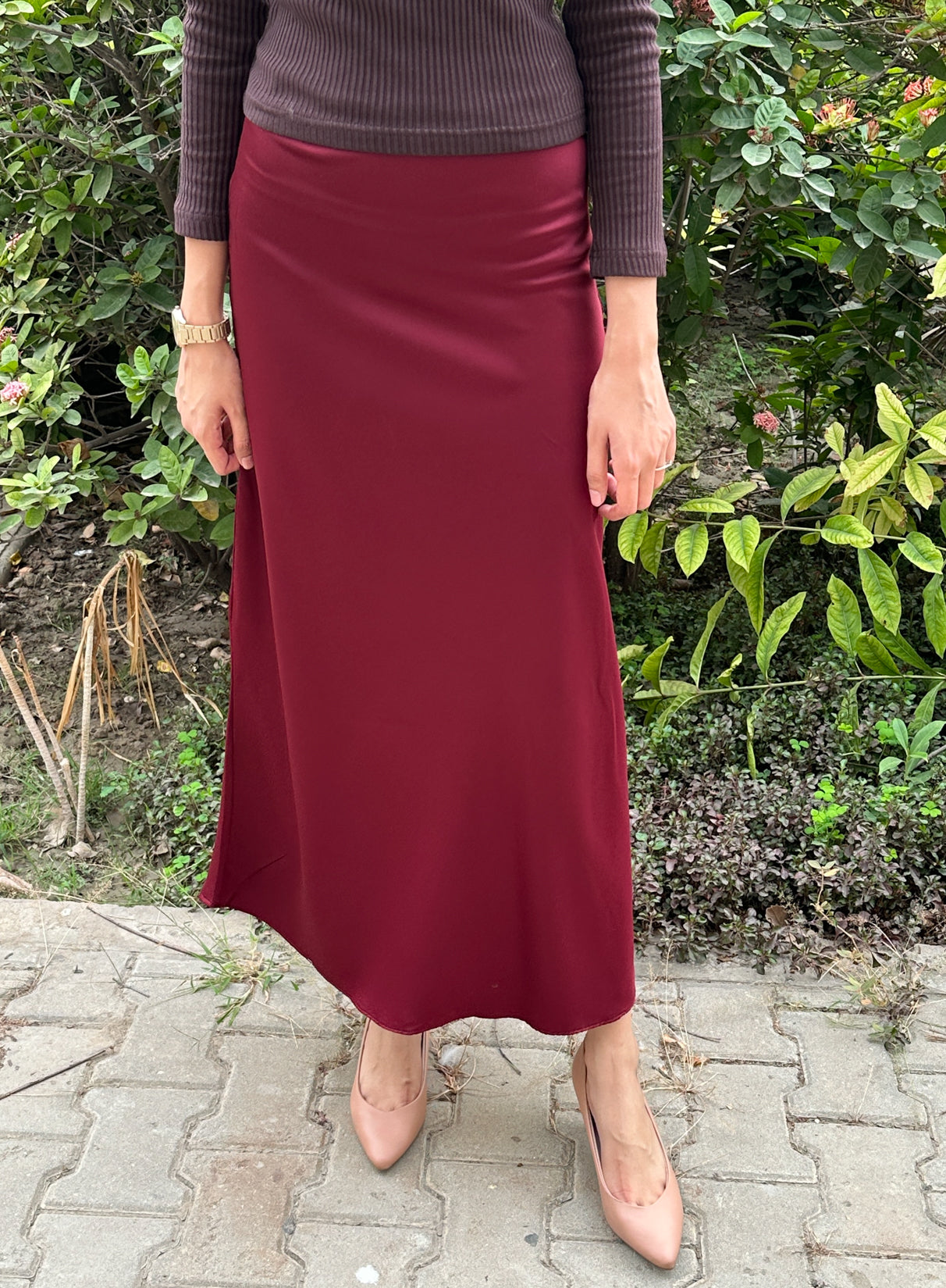 Maroon Satin Silk Skirt