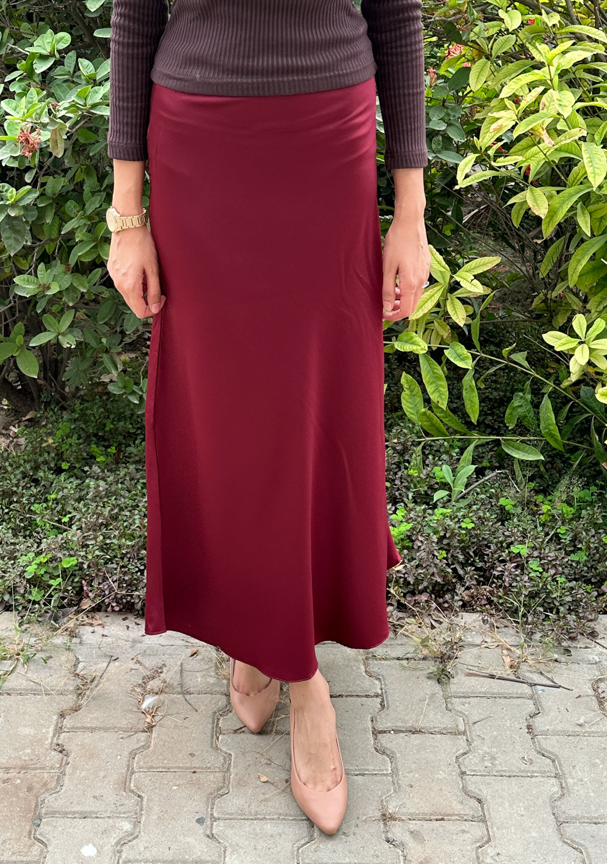 Maroon Satin Silk Skirt