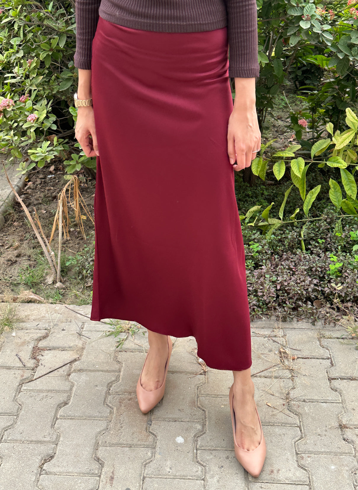 Maroon Satin Silk Skirt