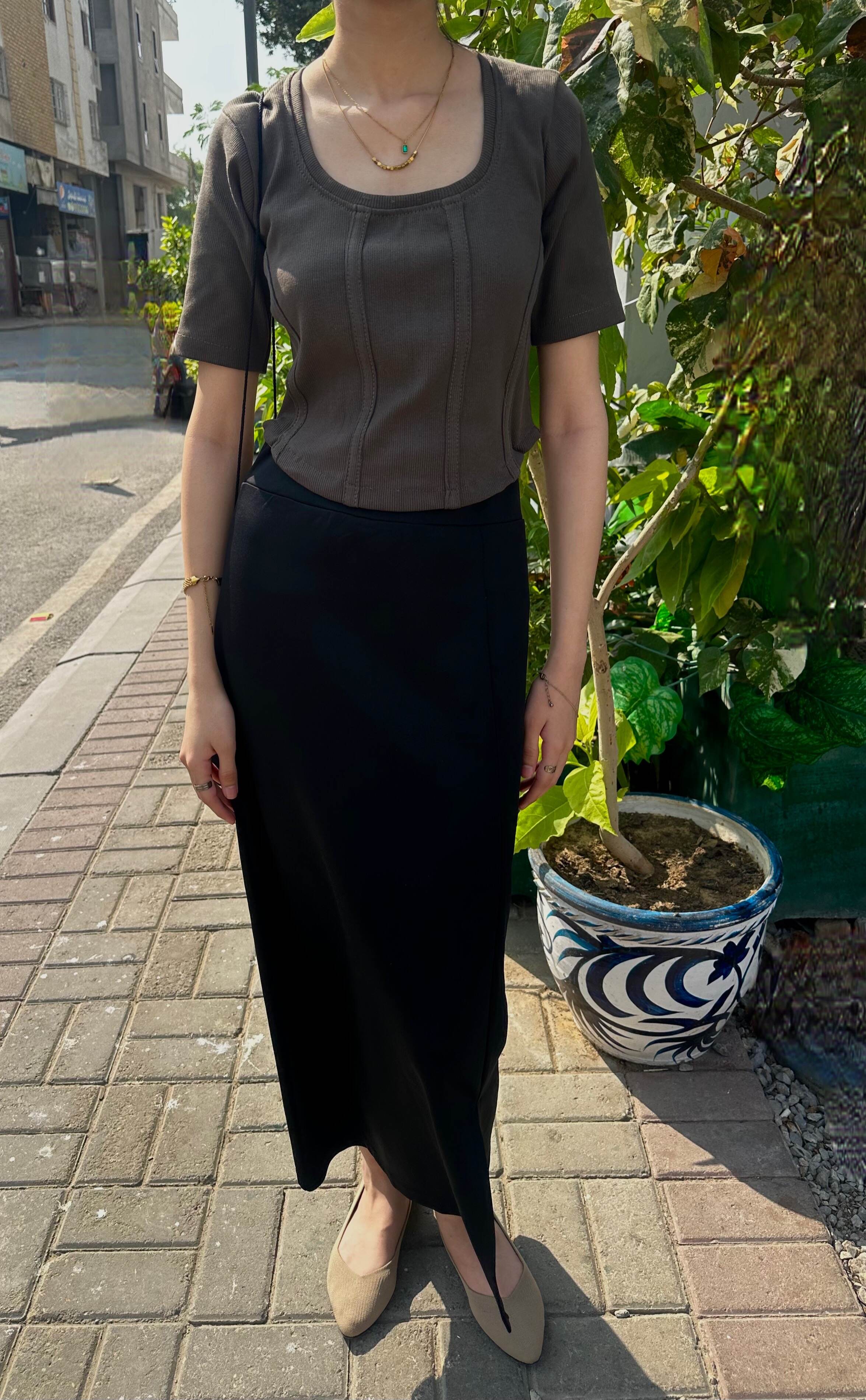 Black Slit Interlock Knit Skirt
