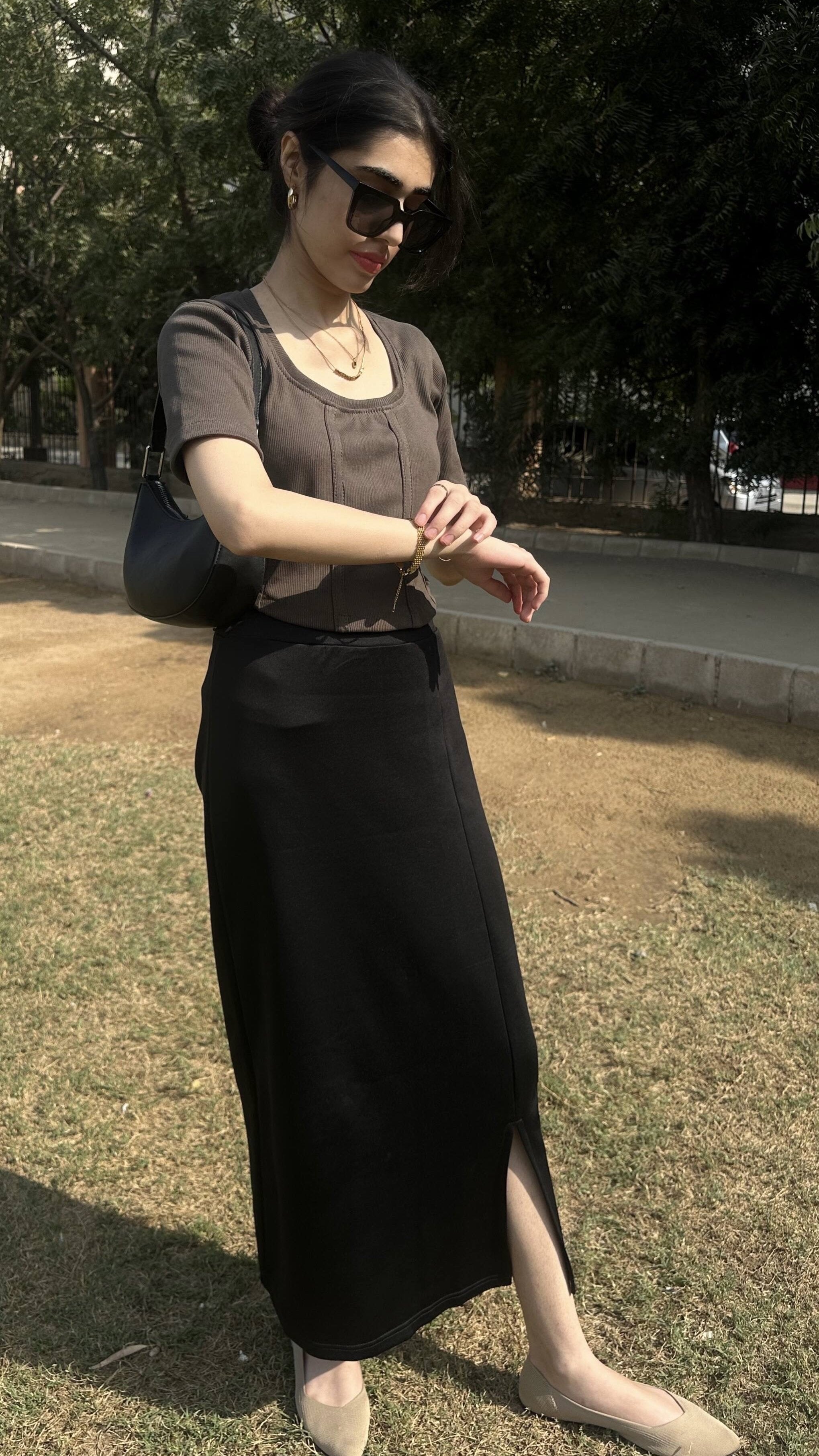 Black Slit Interlock Knit Skirt
