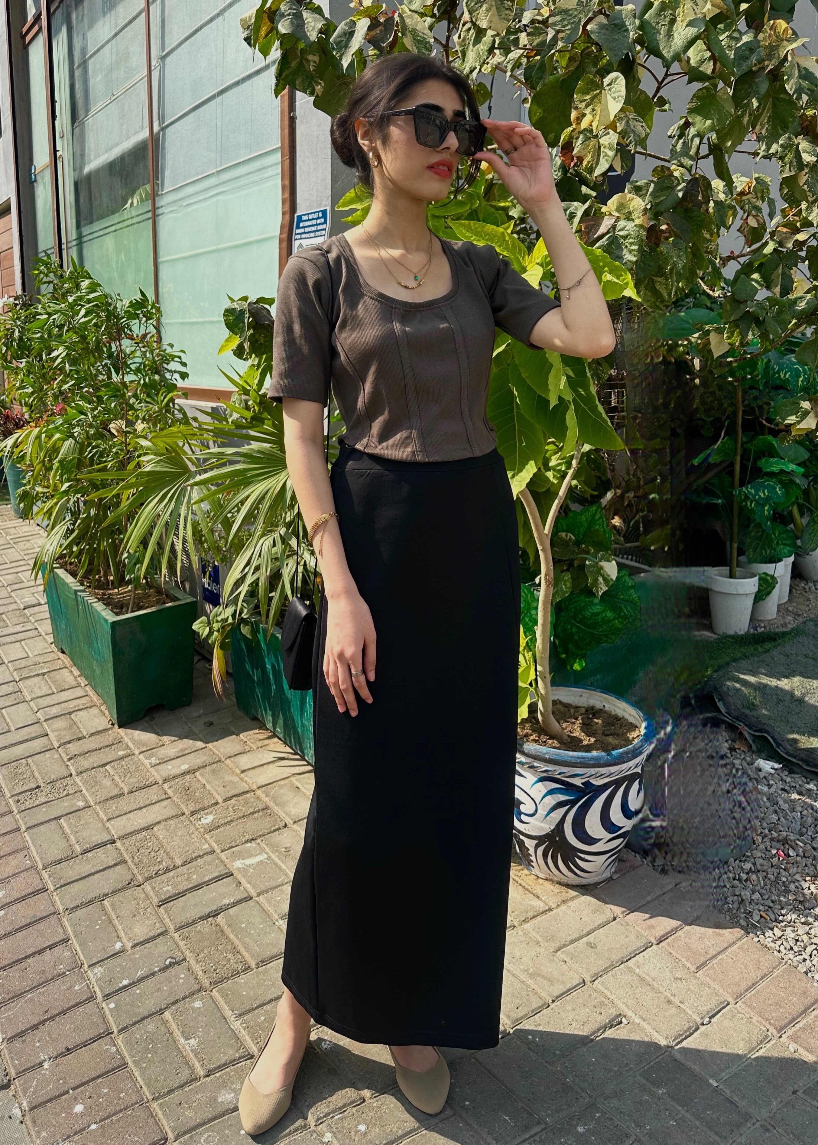 Black Slit Interlock Knit Skirt