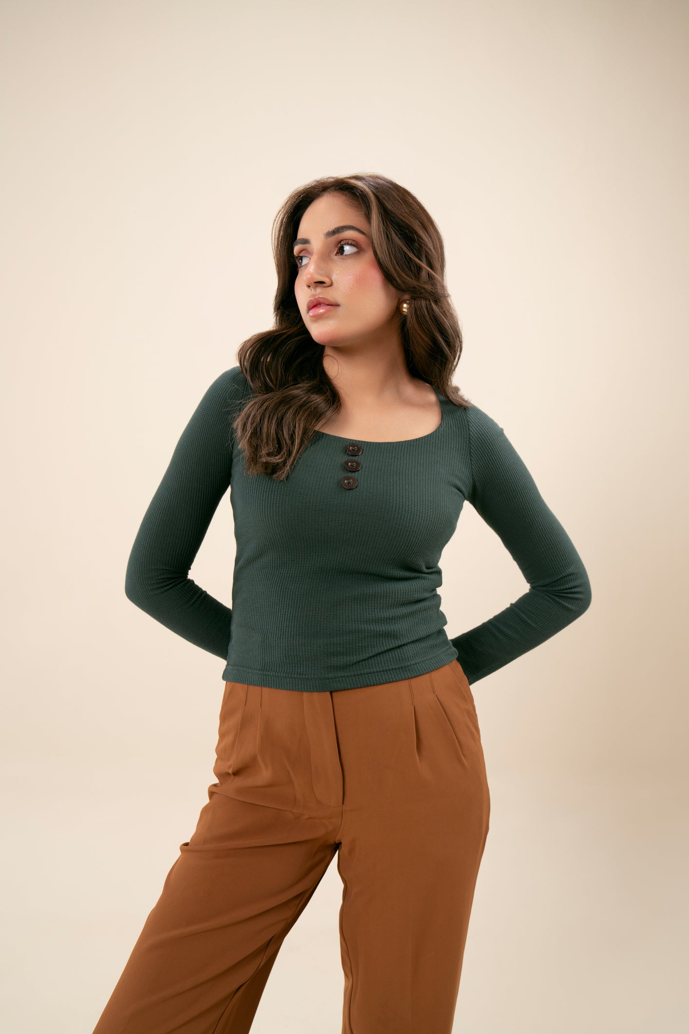 Dark Green Waffle Square Neck Top