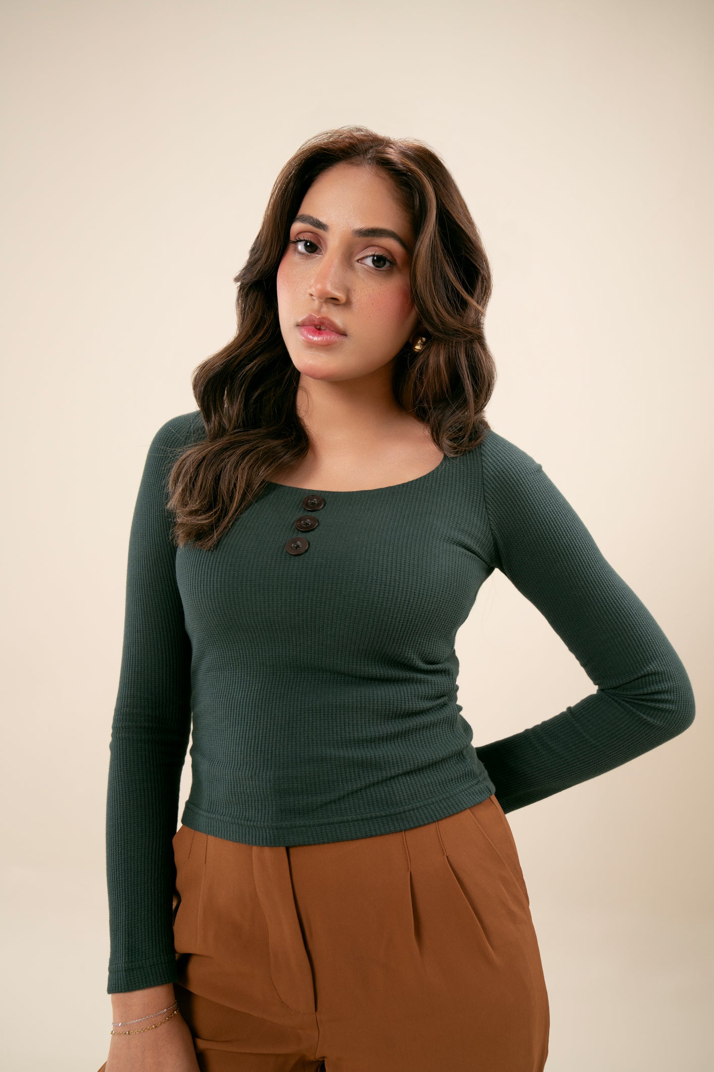 Dark Green Waffle Square Neck Top