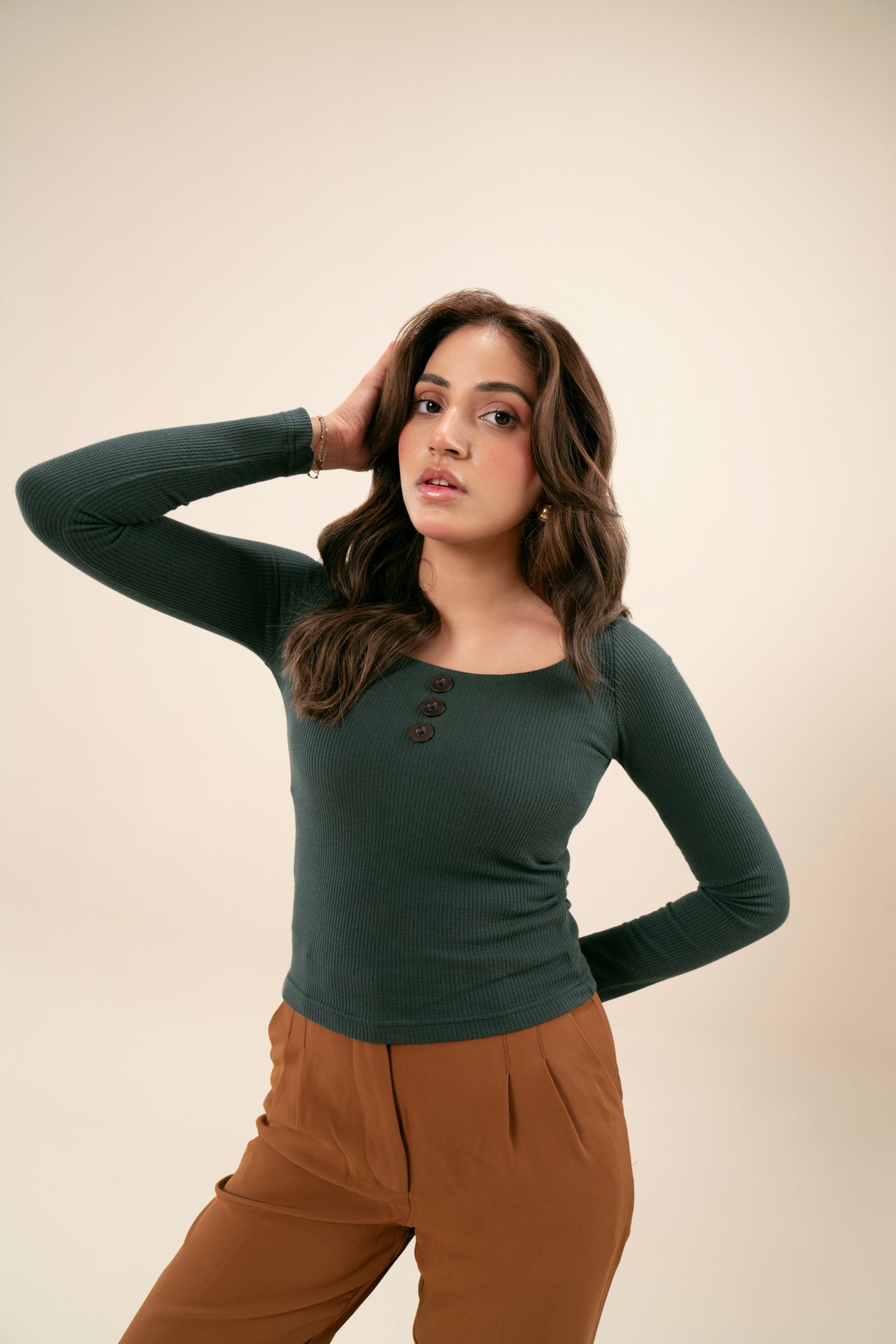 Dark Green Waffle Square Neck Top