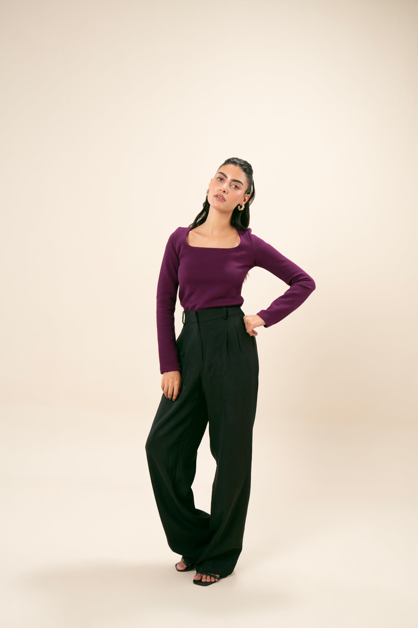 Purple Waffle Textured Square Neck Top