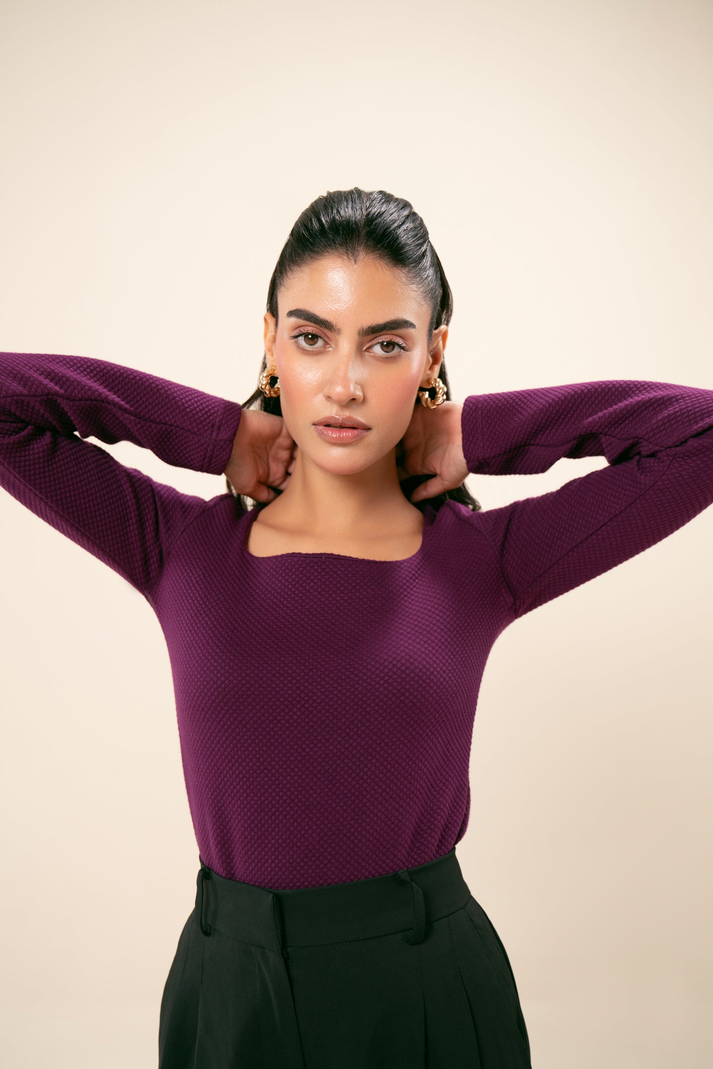 Purple Waffle Textured Square Neck Top