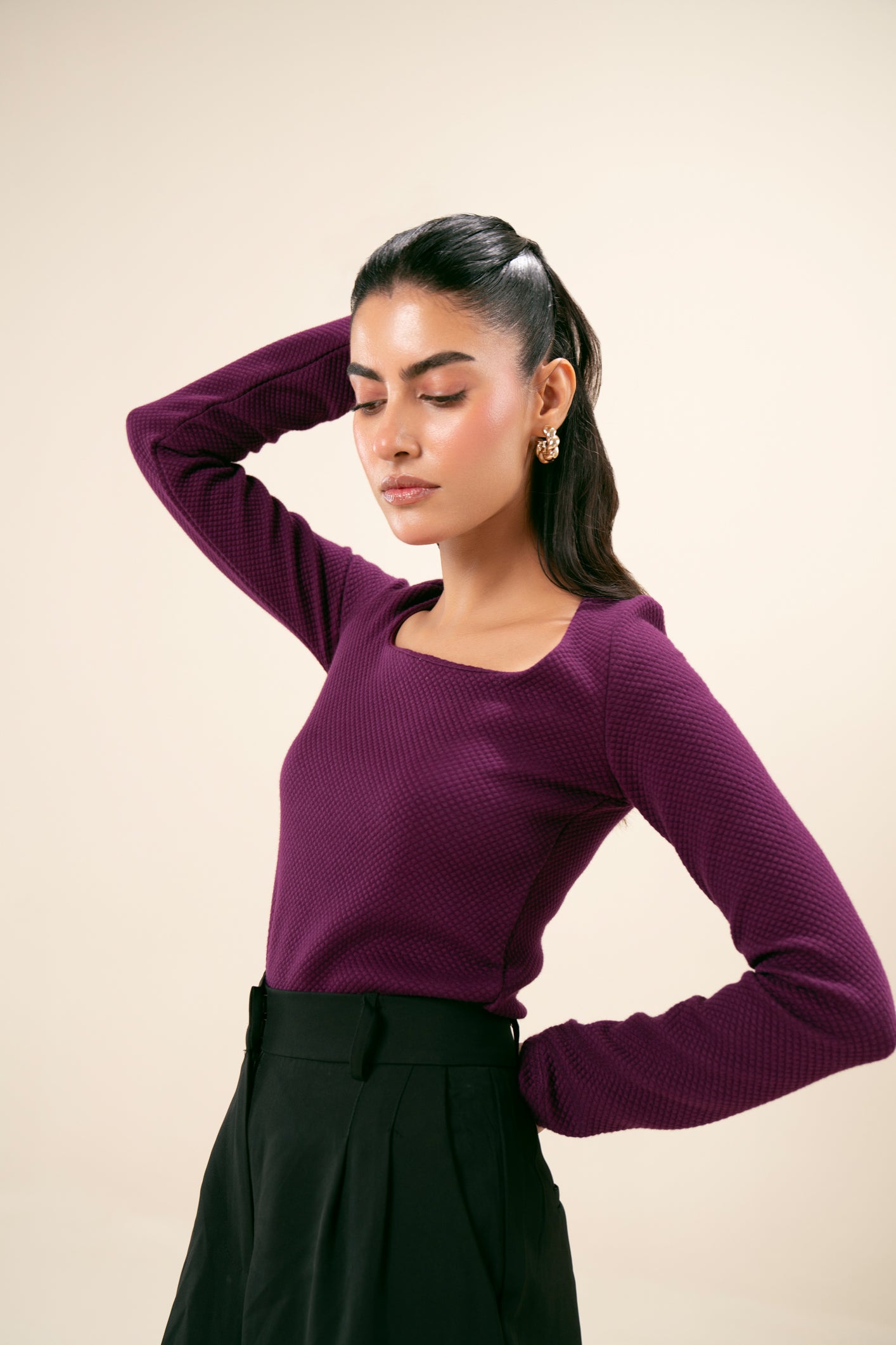 Purple Waffle Textured Square Neck Top