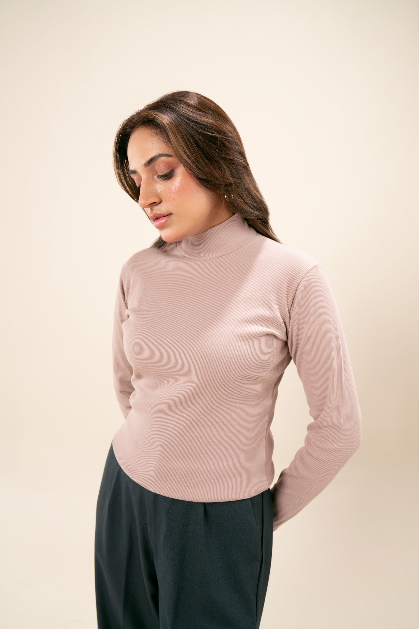 Ribbed Light Pink Mock Neck Top