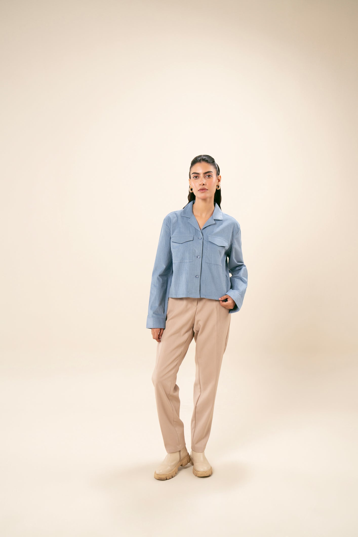 Sapphire Blue Corduroy Revere Cropped Shirt