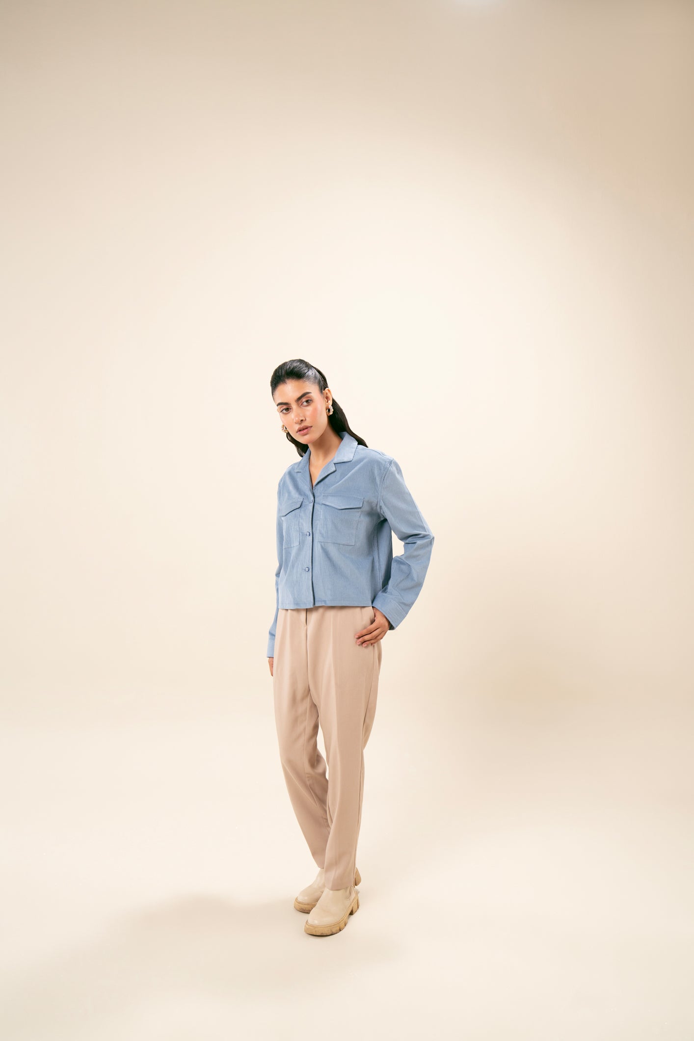 Sapphire Blue Corduroy Revere Cropped Shirt