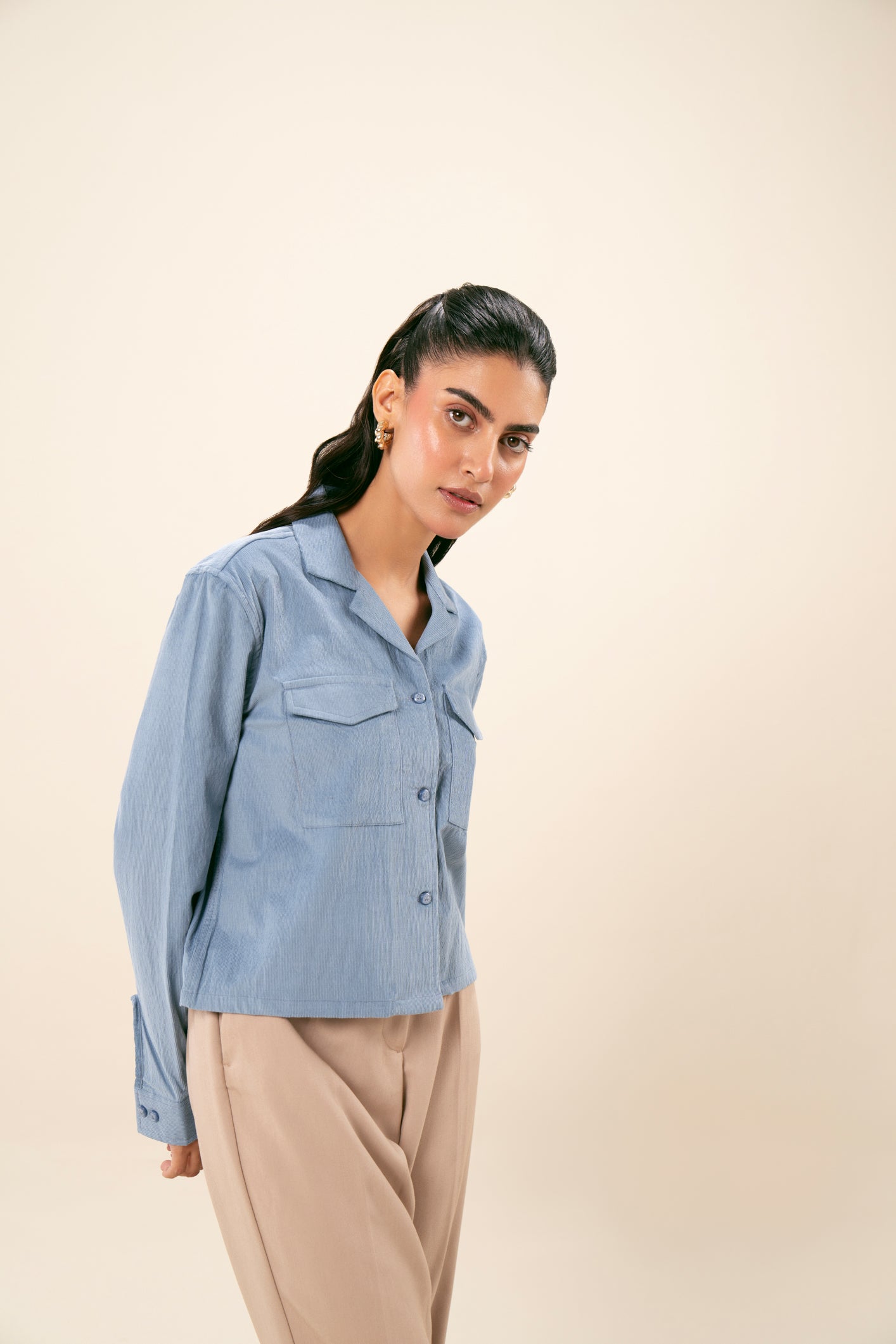 Sapphire Blue Corduroy Revere Cropped Shirt