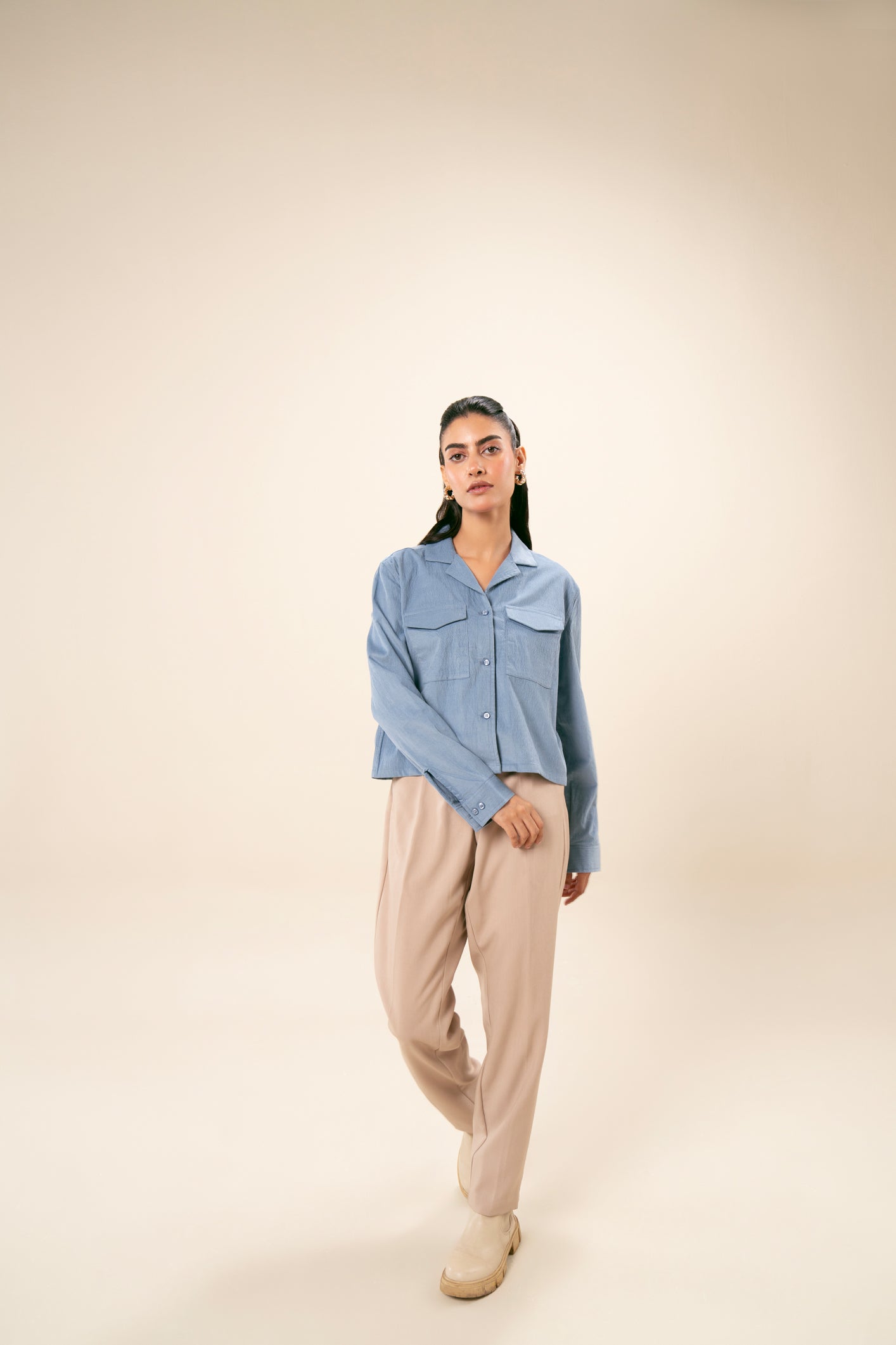 Sapphire Blue Corduroy Revere Cropped Shirt