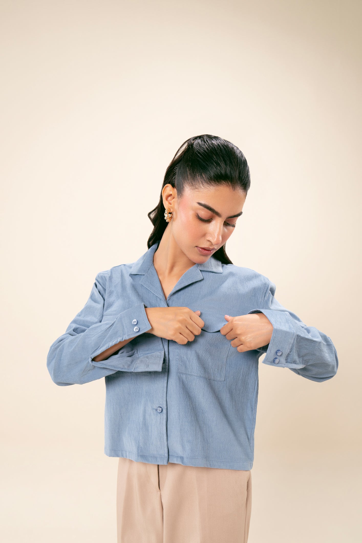 Sapphire Blue Corduroy Revere Cropped Shirt