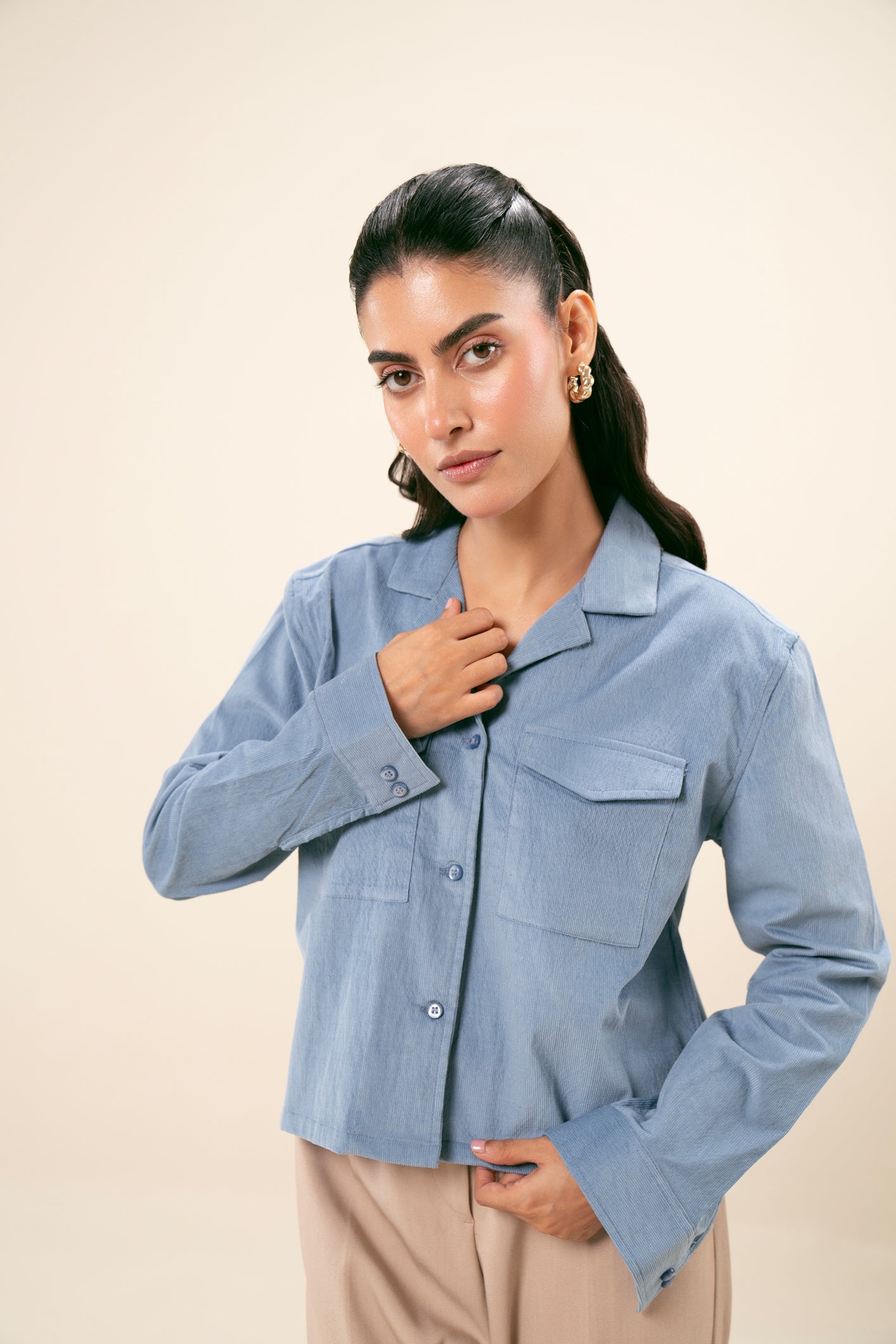 Sapphire Blue Corduroy Revere Cropped Shirt