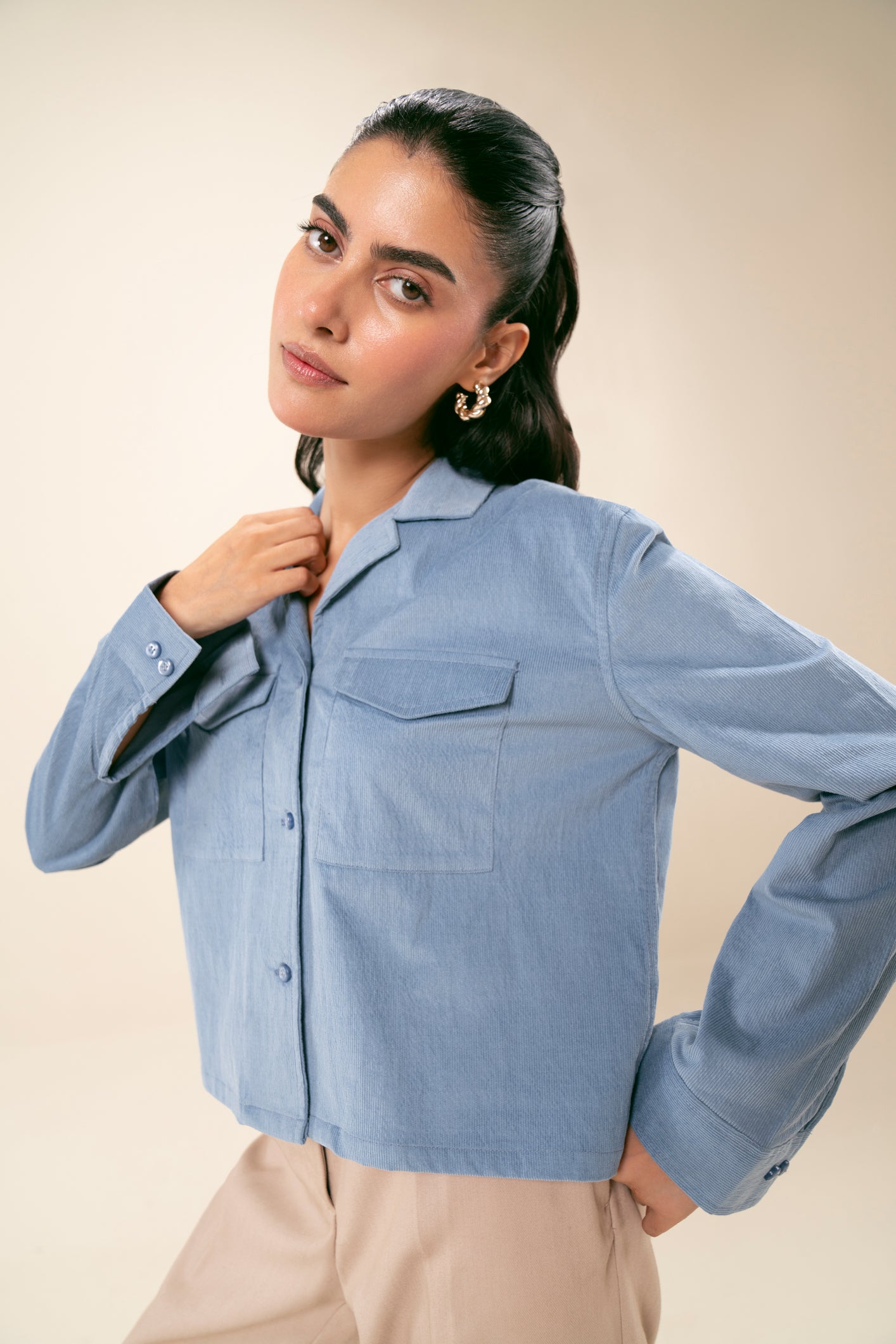 Sapphire Blue Corduroy Revere Cropped Shirt