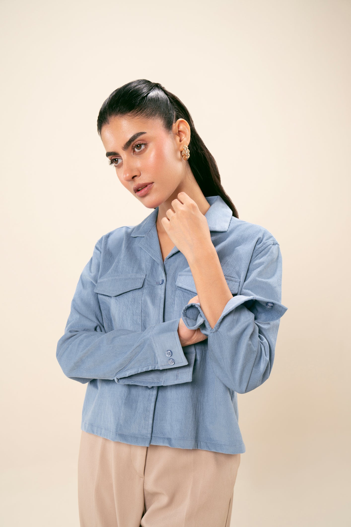 Sapphire Blue Corduroy Revere Cropped Shirt