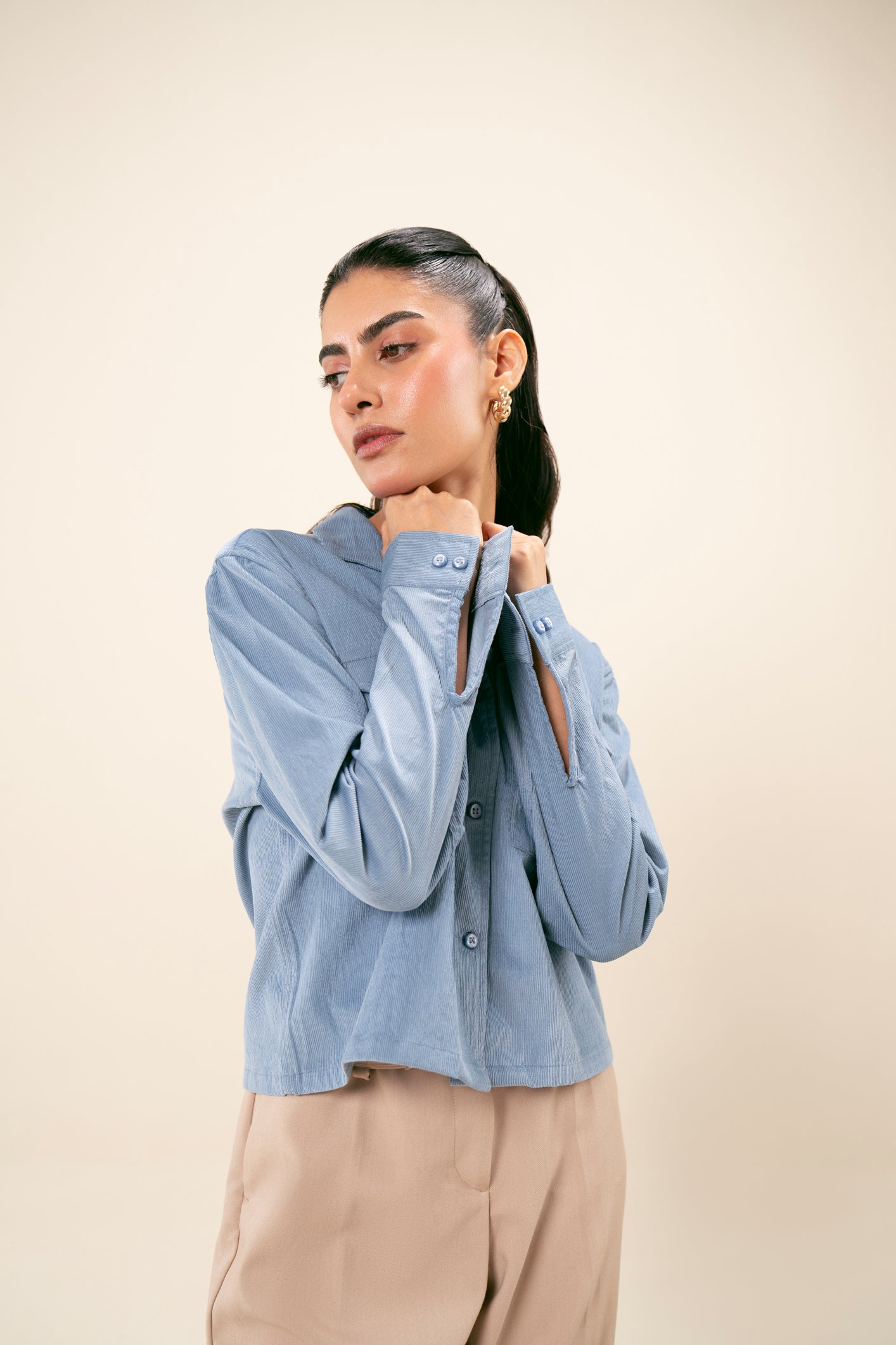 Sapphire Blue Corduroy Revere Cropped Shirt