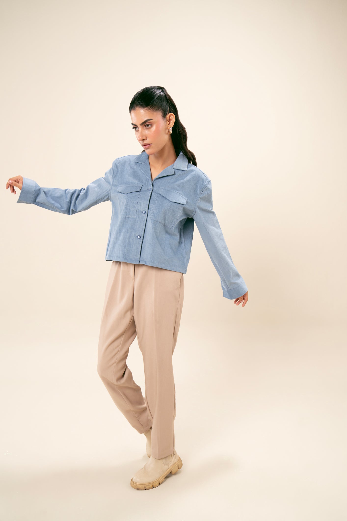 Sapphire Blue Corduroy Revere Cropped Shirt