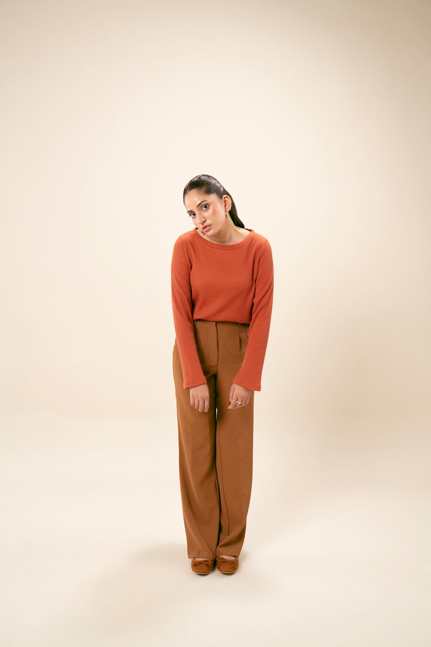 Rust Orange Two-Toned Drop Needle Cropped Crew Neck Sweater