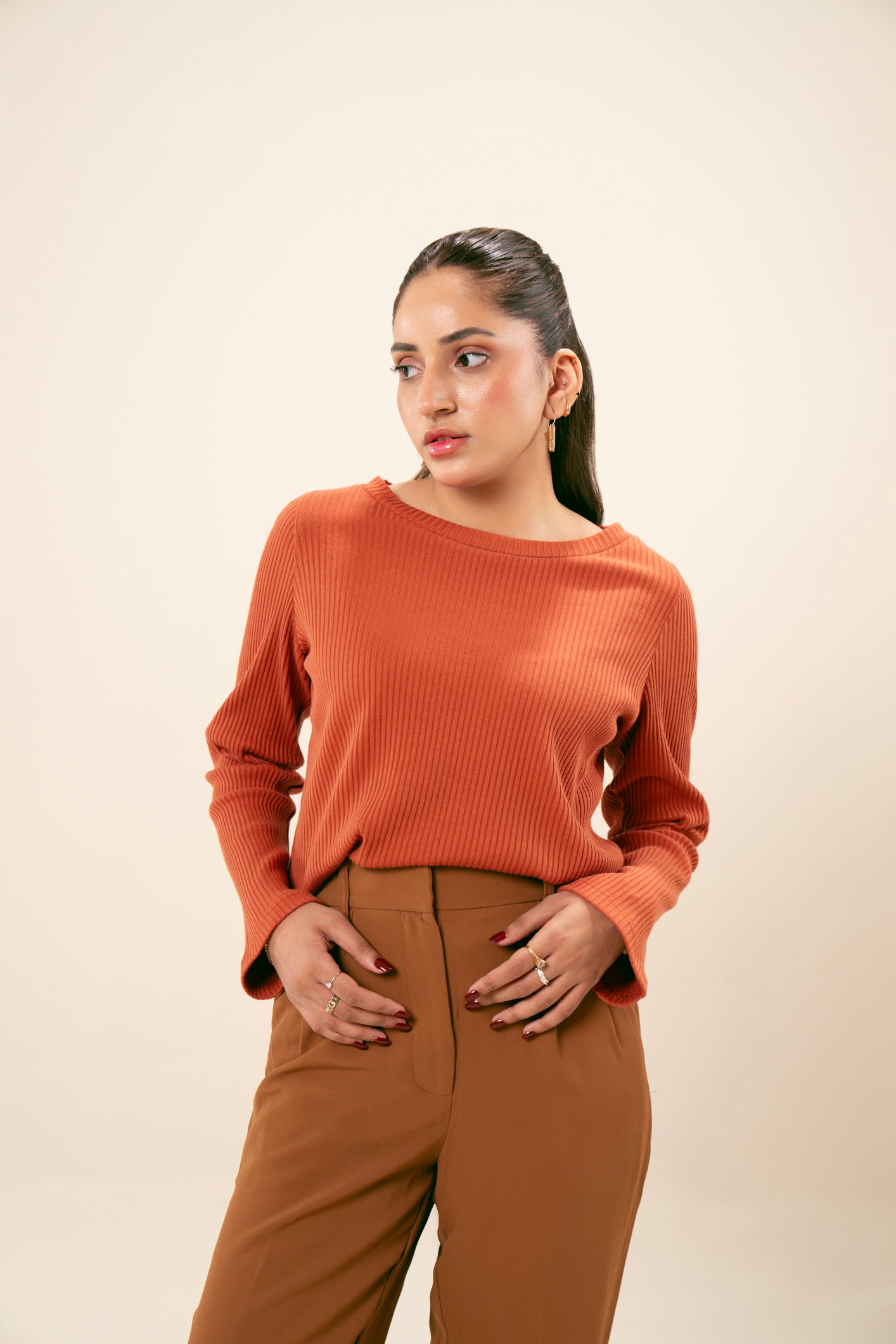 Rust Orange Two-Toned Drop Needle Cropped Crew Neck Sweater