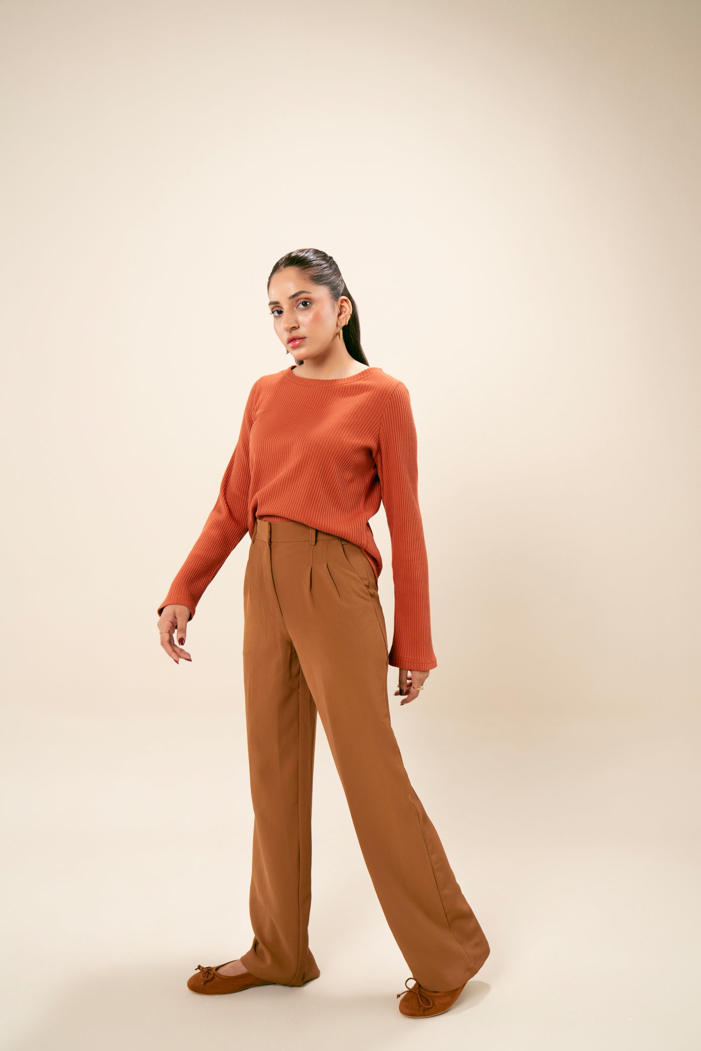 Rust Orange Two-Toned Drop Needle Cropped Crew Neck Sweater