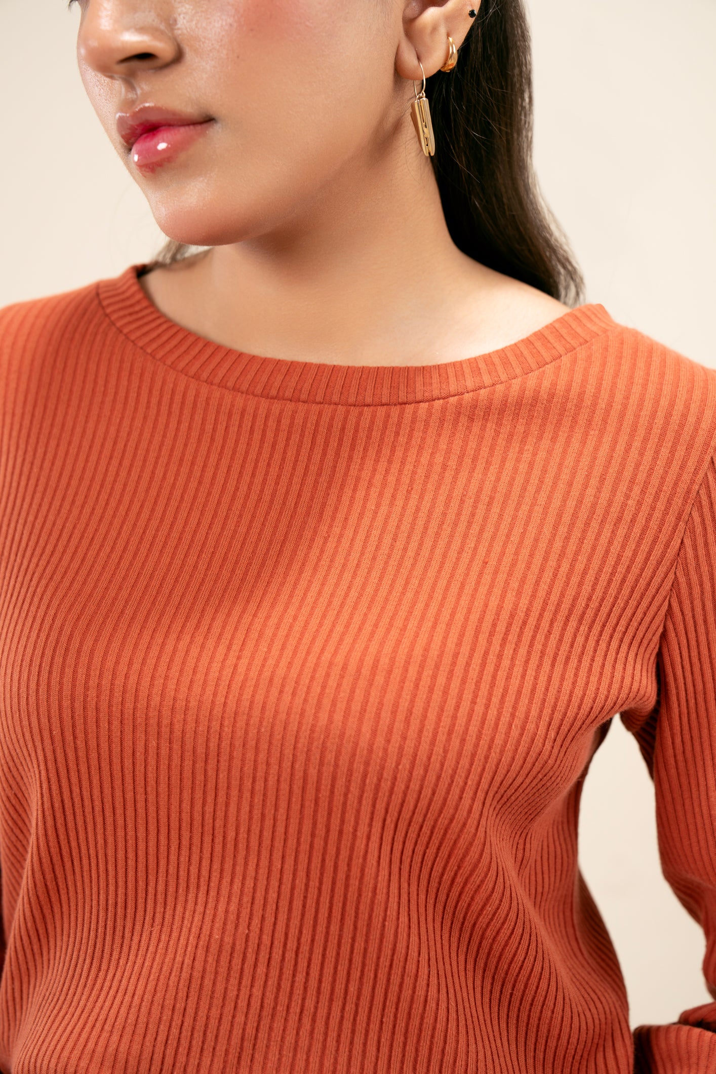 Rust Orange Two-Toned Drop Needle Cropped Crew Neck Sweater