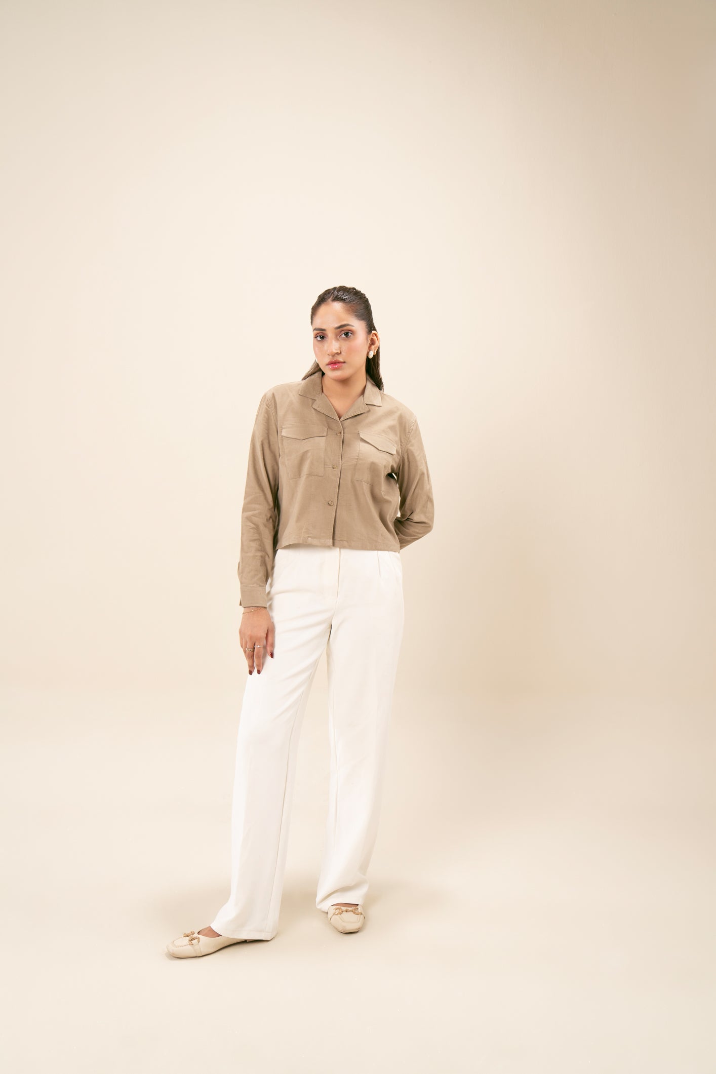 Beige Corduroy Revere Cropped Shirt